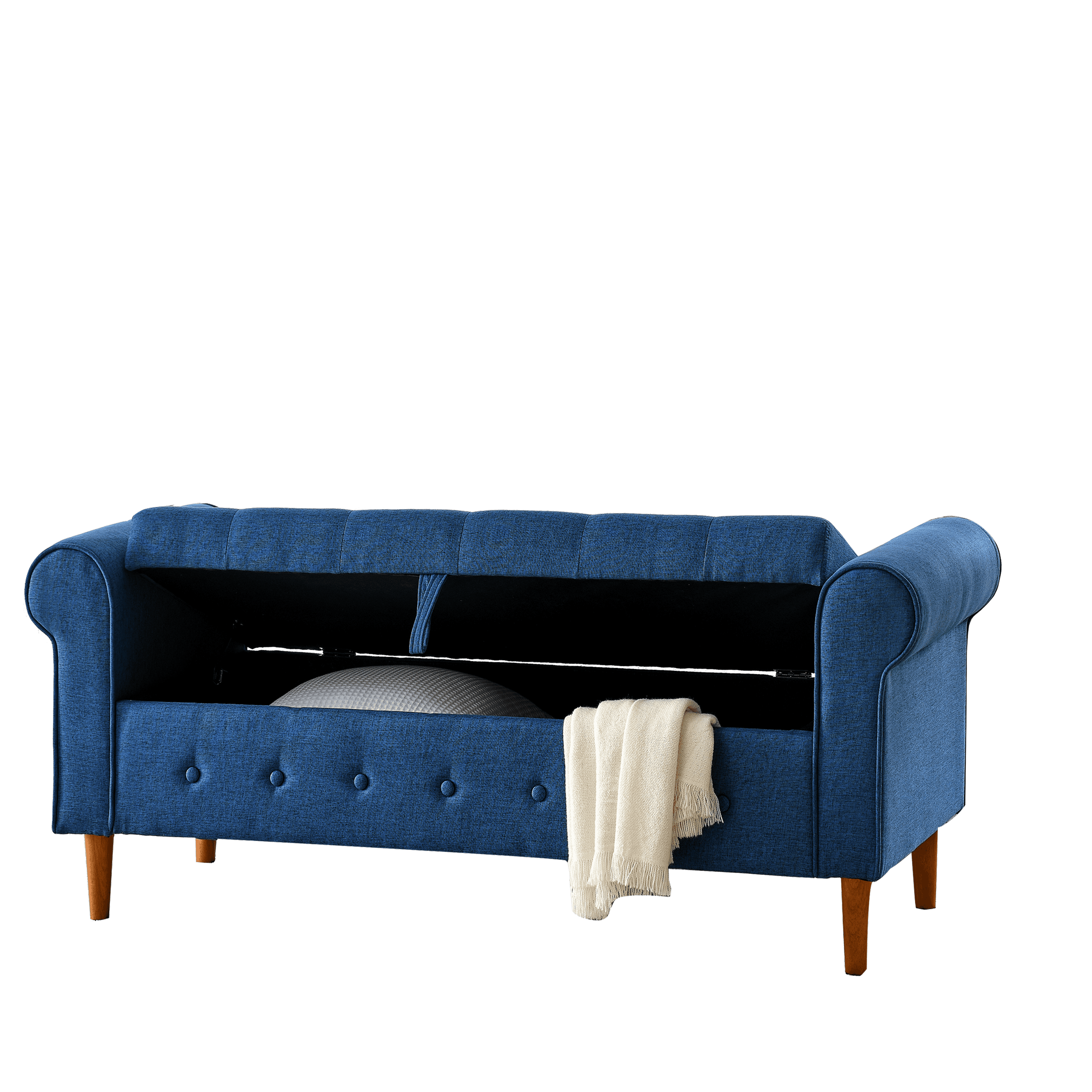 62" Bedroom Tufted Button Storage Bench, Linen Upholstered Ottoman, Window Bench, Rolled Arm Design for Bedroom, Living Room, Foyer (Blue)