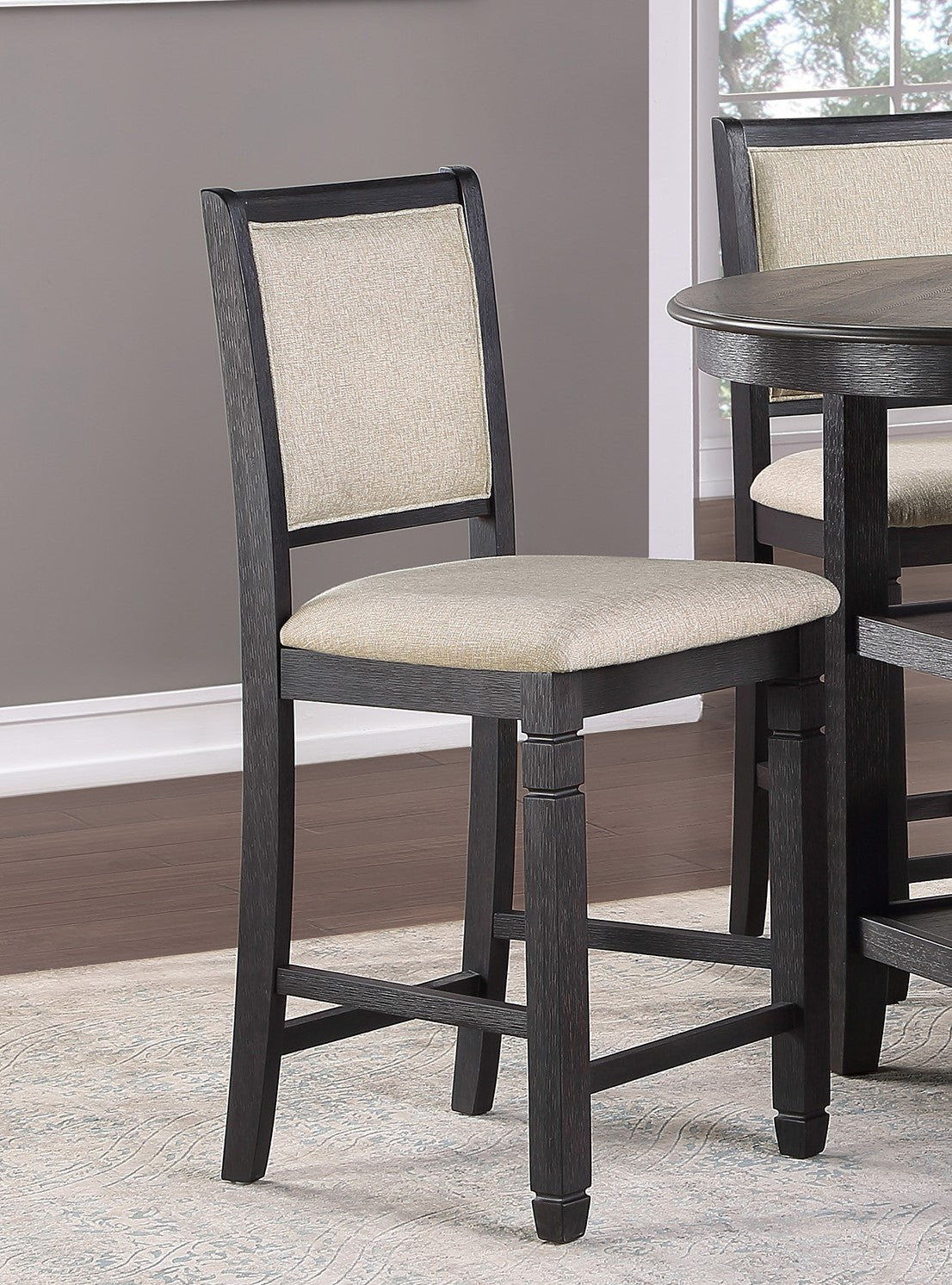 Beautiful Black Finish Wooden Counter Height Chairs 2pcs Set Beige Color Textured Fabric Upholstered Dining Chairs