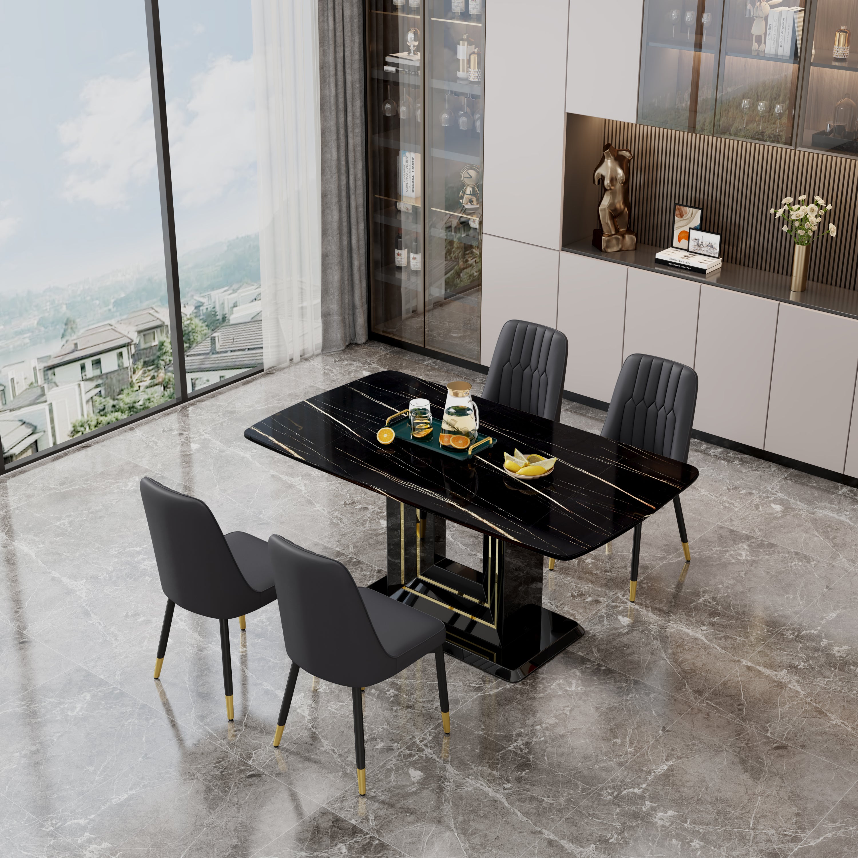 1 table and 4 black chairs. The table features a black imitation marble pattern desktop and black gold MDF legs. Pair with 4 black PU chairs. F-SQ C-007