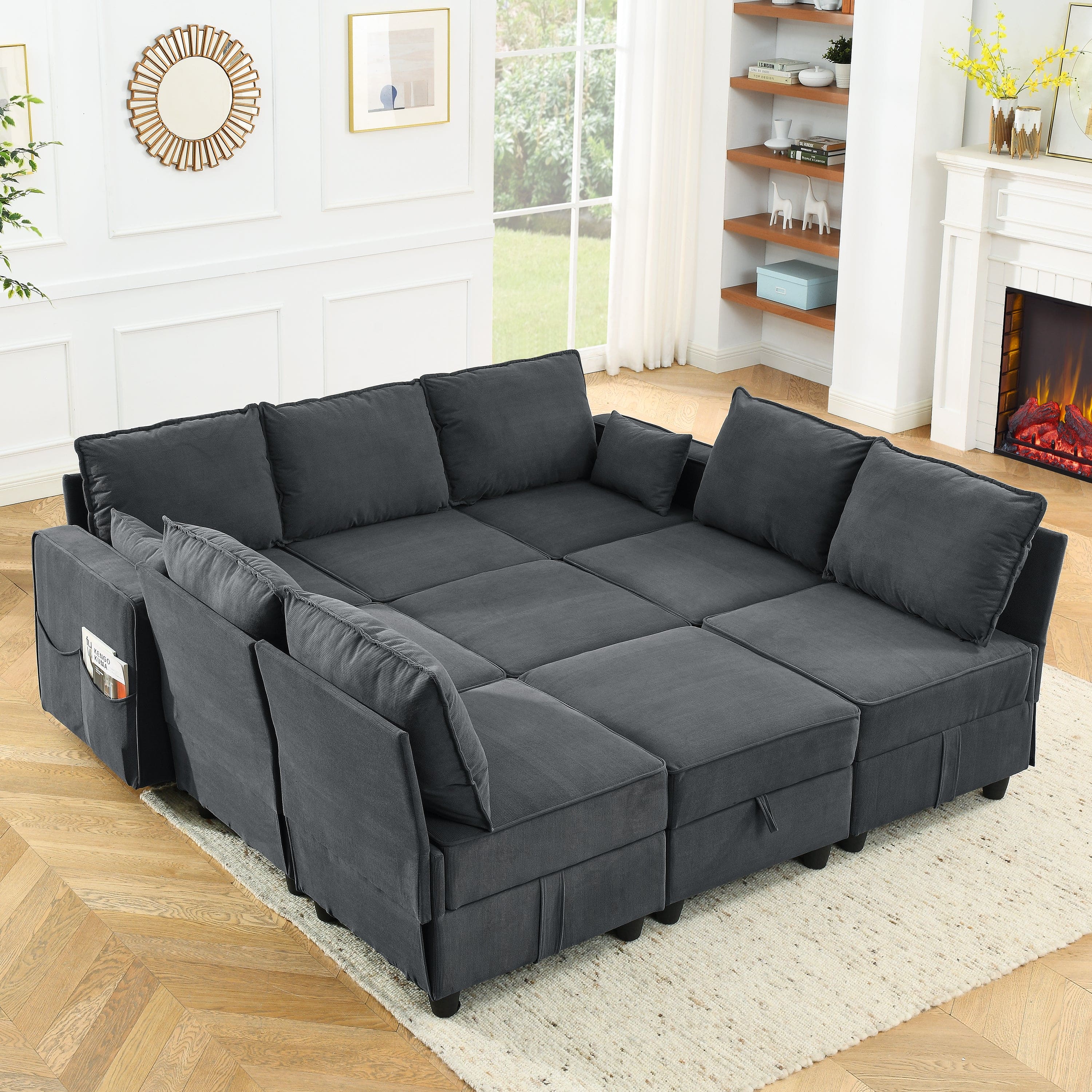 Arm Seat of Module Sofa, Gray Corduroy Velvet