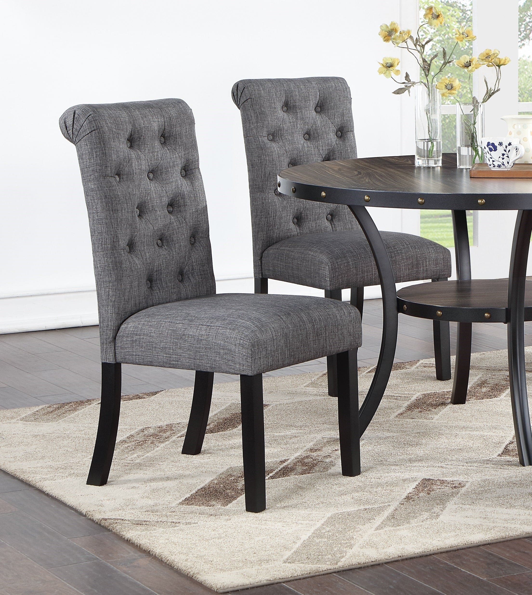 Modern Classic Dining Room Furniture Natural Wood Round Dining Table 4x Side Chairs Charcoal Fabric Tufted Roll Back Top Chair Nail heads Trim Storage Shelve 5pc Dining Set