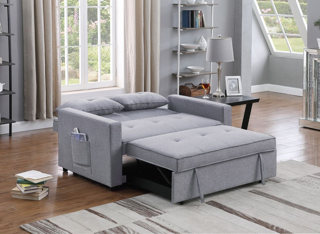 Zoey Light Gray Linen Convertible Sleeper Loveseat with Side Pocket