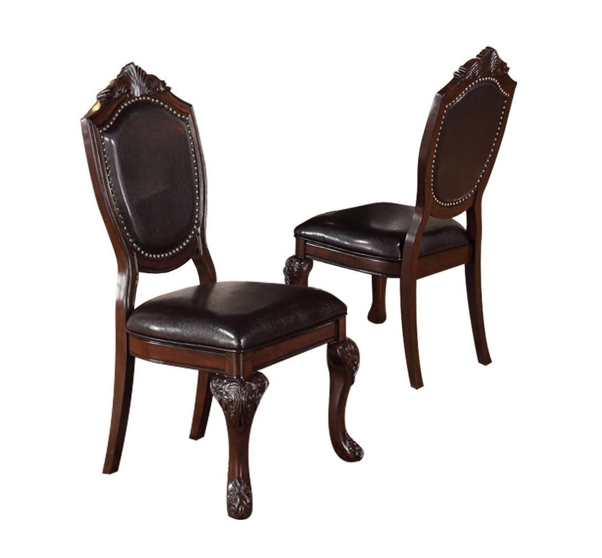 Classic Formal Dining Room Table And 4x Side Chairs Brown 5pc Set Dining Table Pedestal Base Antique Round Table Faux Leather Upholstered Chair