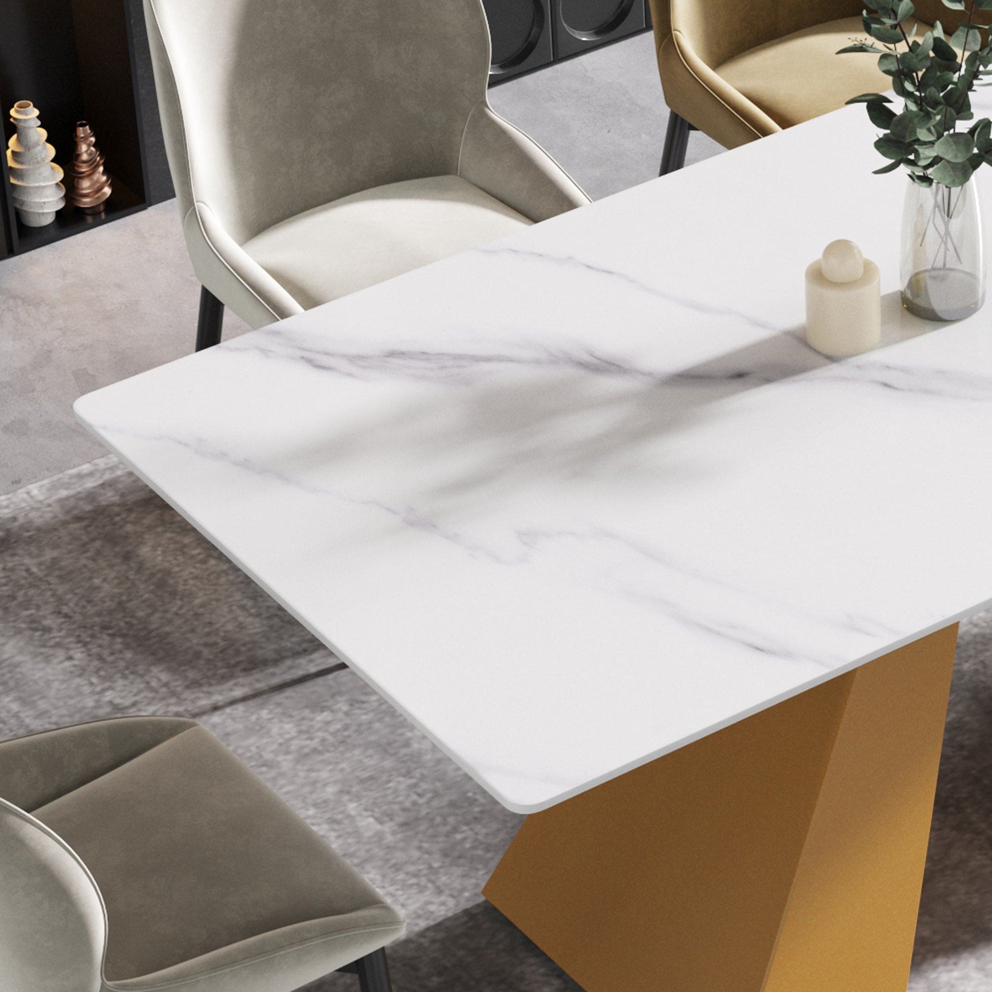 63"Modern artificial stone white straight edge golden metal leg dining table -6 people