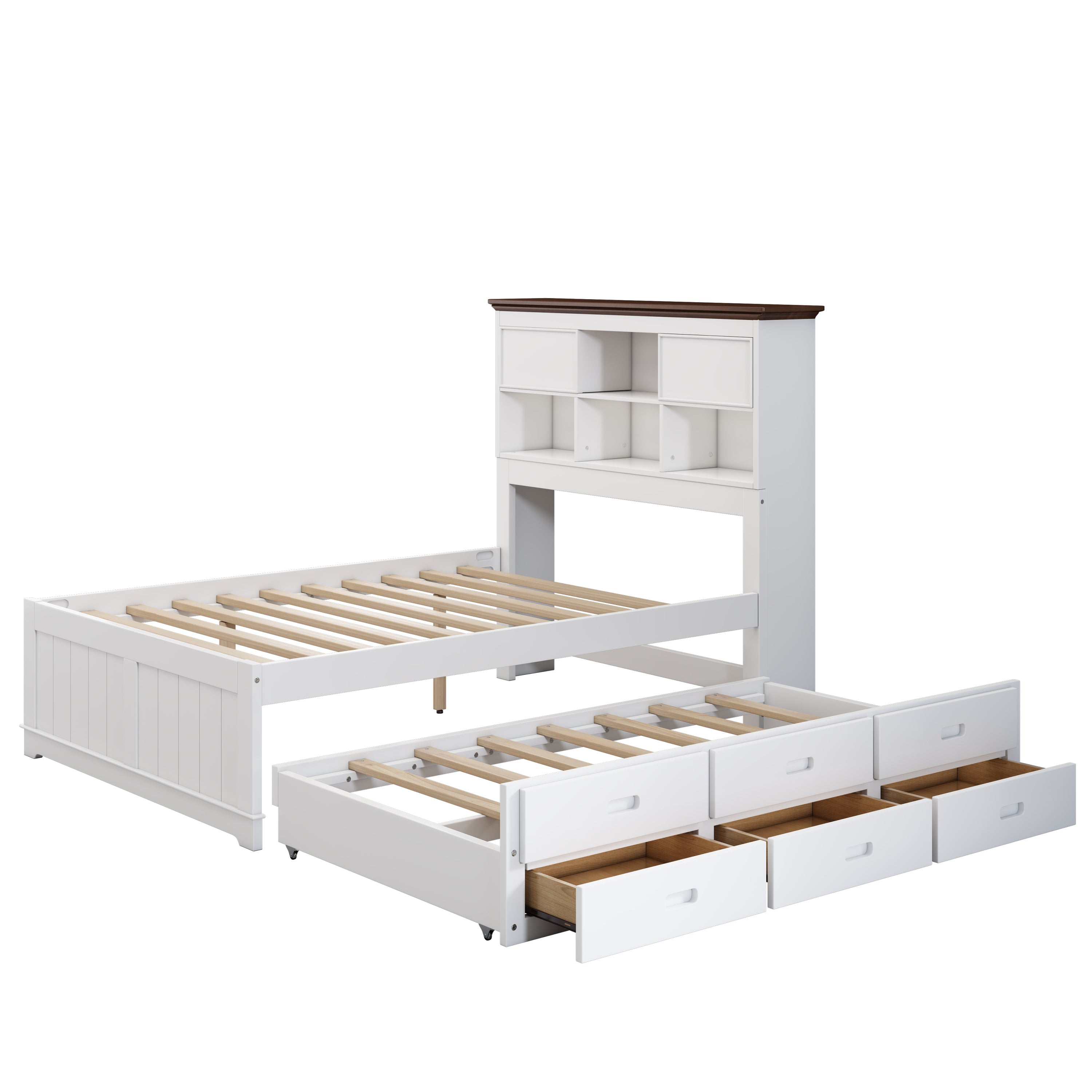 2 Pieces Wooden Captain Bedroom Set Full Bed with Trundle and Nightstand,White+Walnut