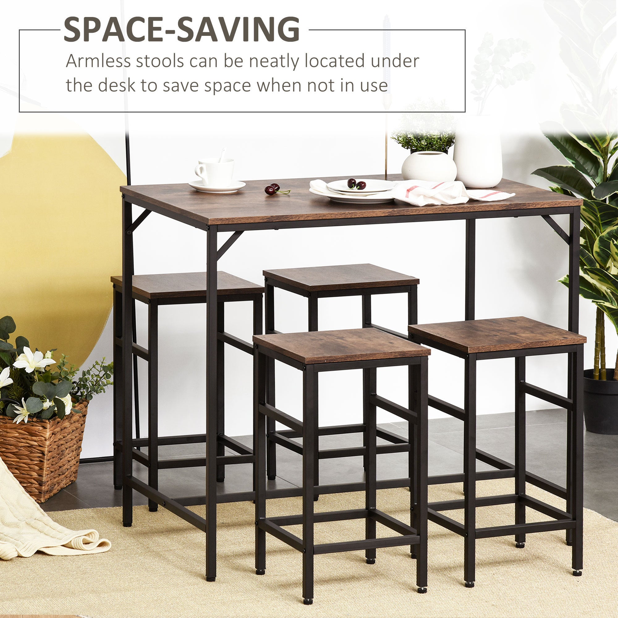 HOMCOM 5-Piece Industrial Dining Table Set, Bar Table & 4 Stools Set, Space Saving for Pub & Kitchen, Black/Brown