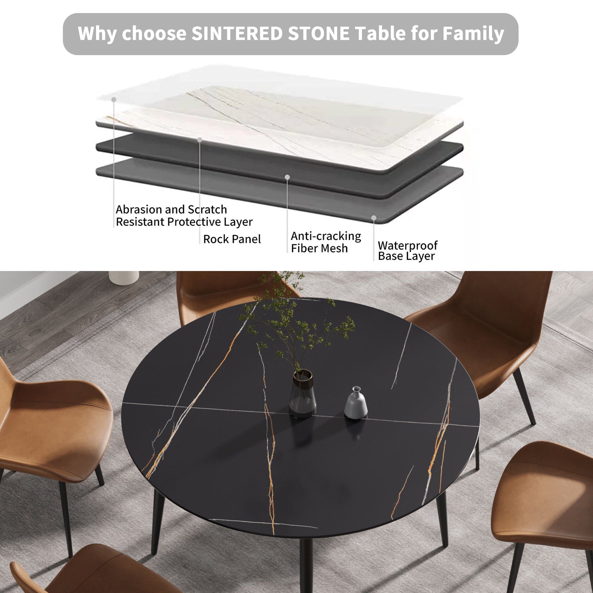 53.15 " modern artificial stone black round dining table with black metal legs-can accommodate 6 people.