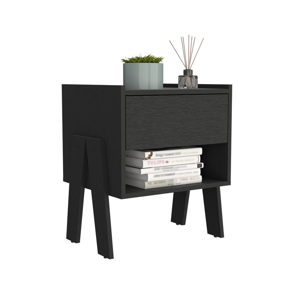 Nightstand Ferku, Open Shelf, One Drawer, Black Wengue Finish