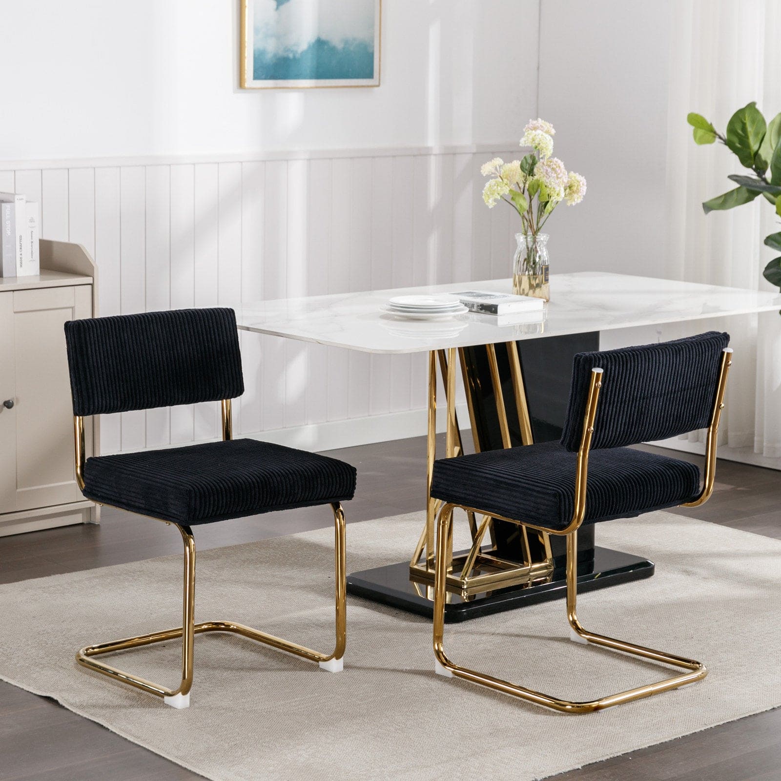 A&A Furniture,Modern Dining Chairs with Corduroy Fabric,Gold Metal Base, Accent Armless Kitchen Chairs with Channel Tufting, Side Chairs, Set of 2, Black