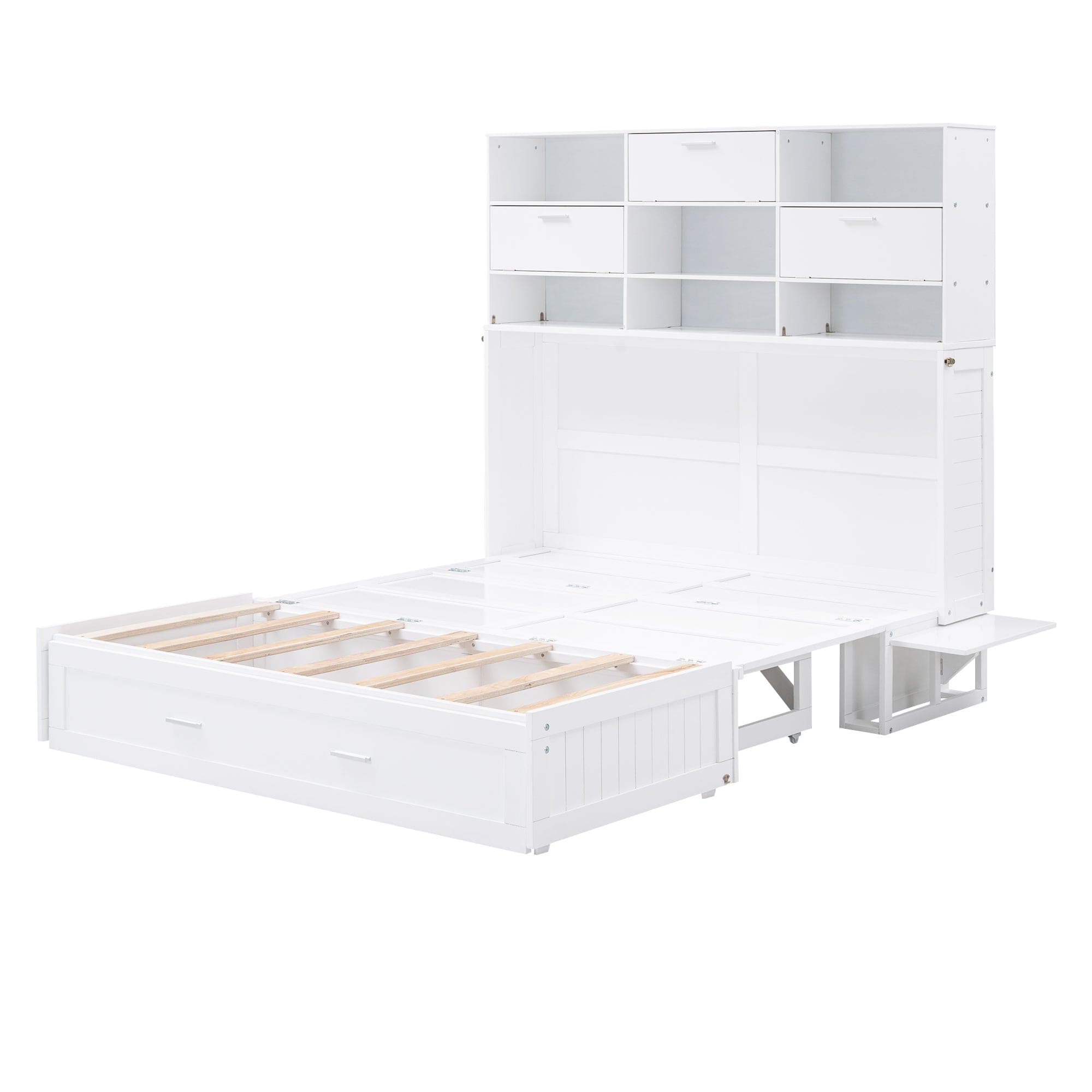 Queen Size Murphy Bed with Bookcase, Bedside Shelves and a Big Drawer, White