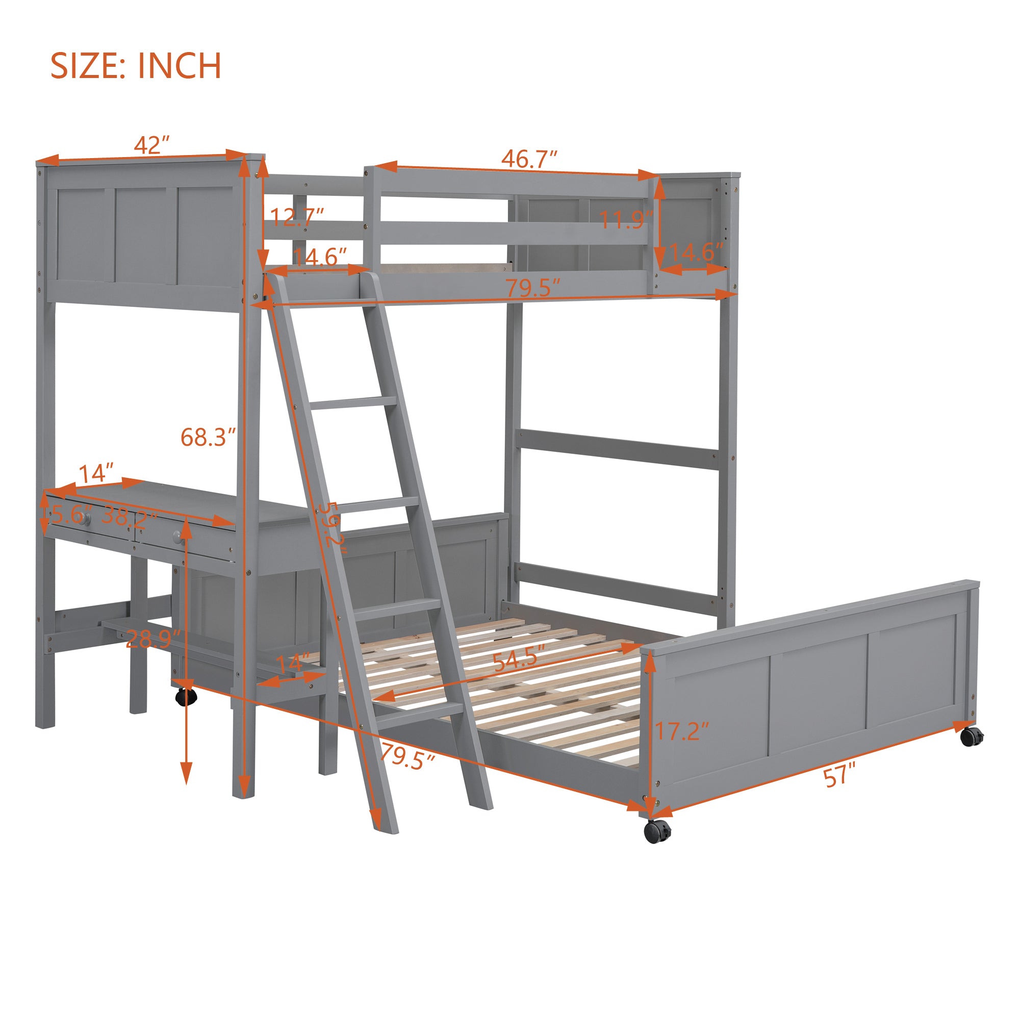 Twin Over Full Bunk Bed with Desk, Gray