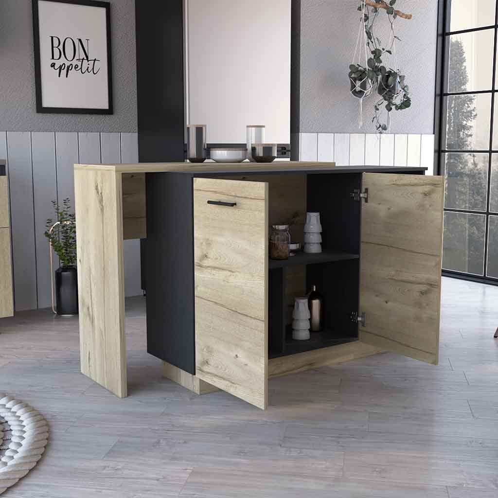 Sicilia Kitchen Island, Two  External Shelves, Double Door Cabinets, Three Shelves -Black / Light Oak