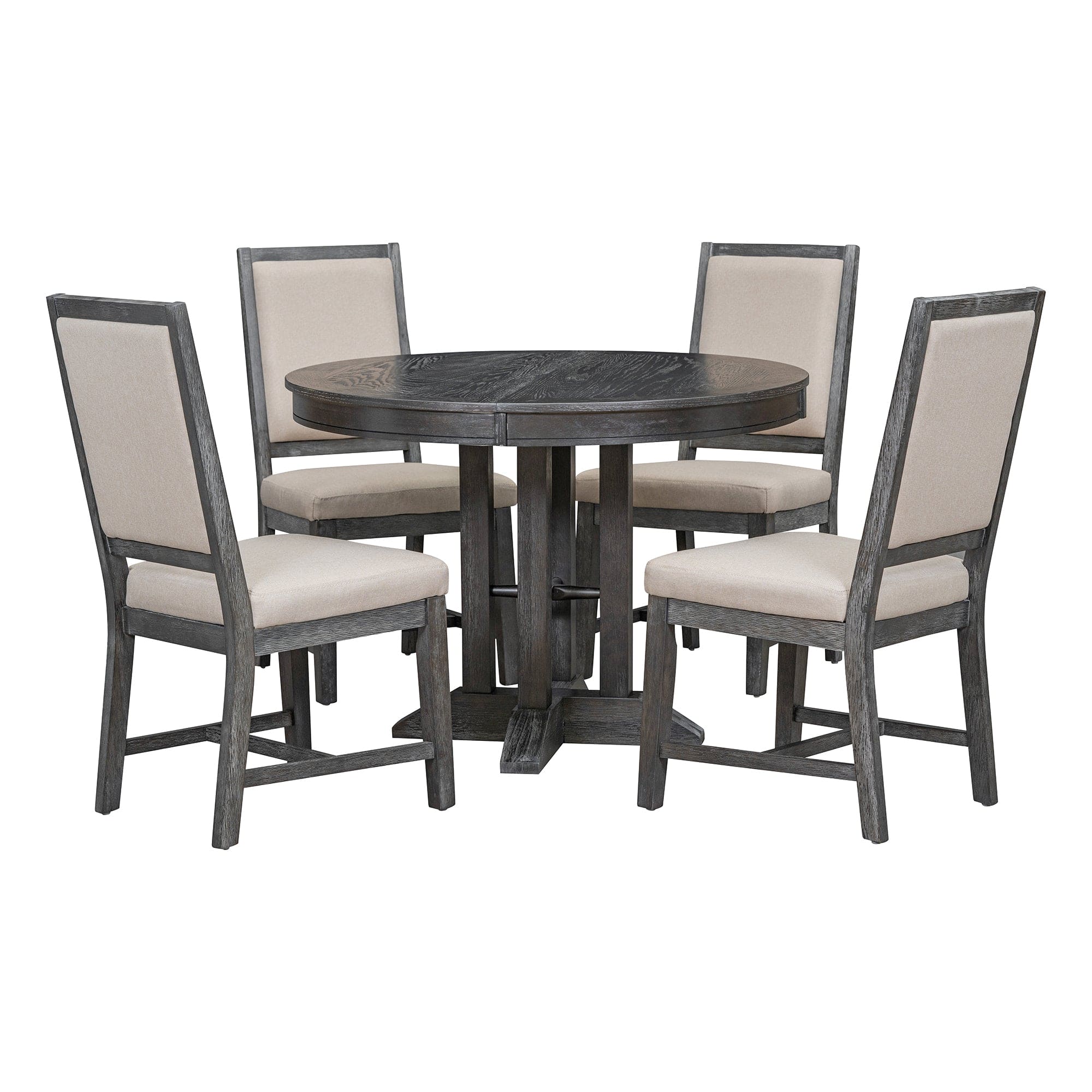 TREXM 5-Piece Dining Set Extendable Round Table and 4 Upholstered Chairs Farmhouse Dining Set for Kitchen, Dining Room(Black)