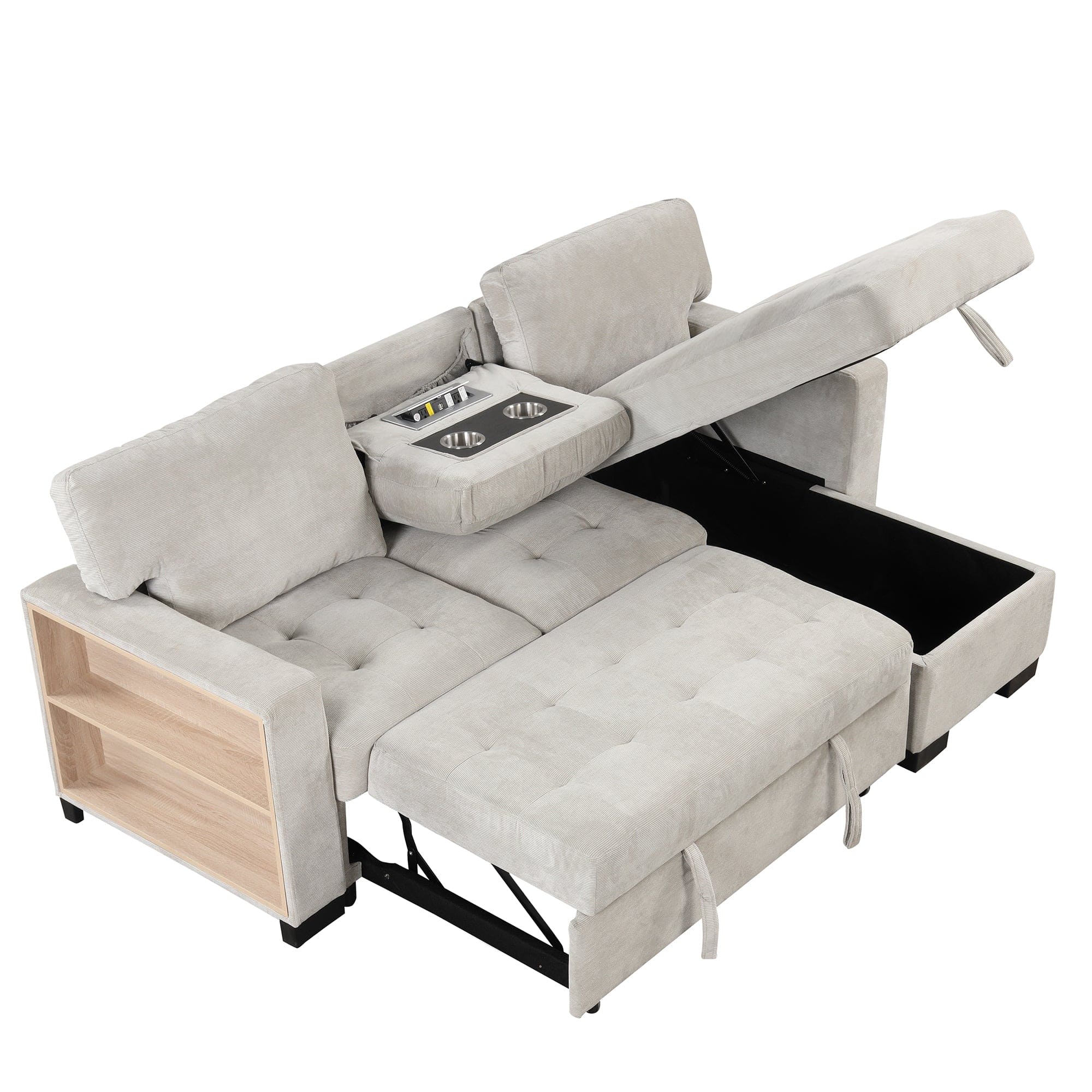 Stylish and Functional Light Chaise Lounge Sectional with Storage Rack Pull-out Bed Drop Down Table  and USB Charger Light Gray