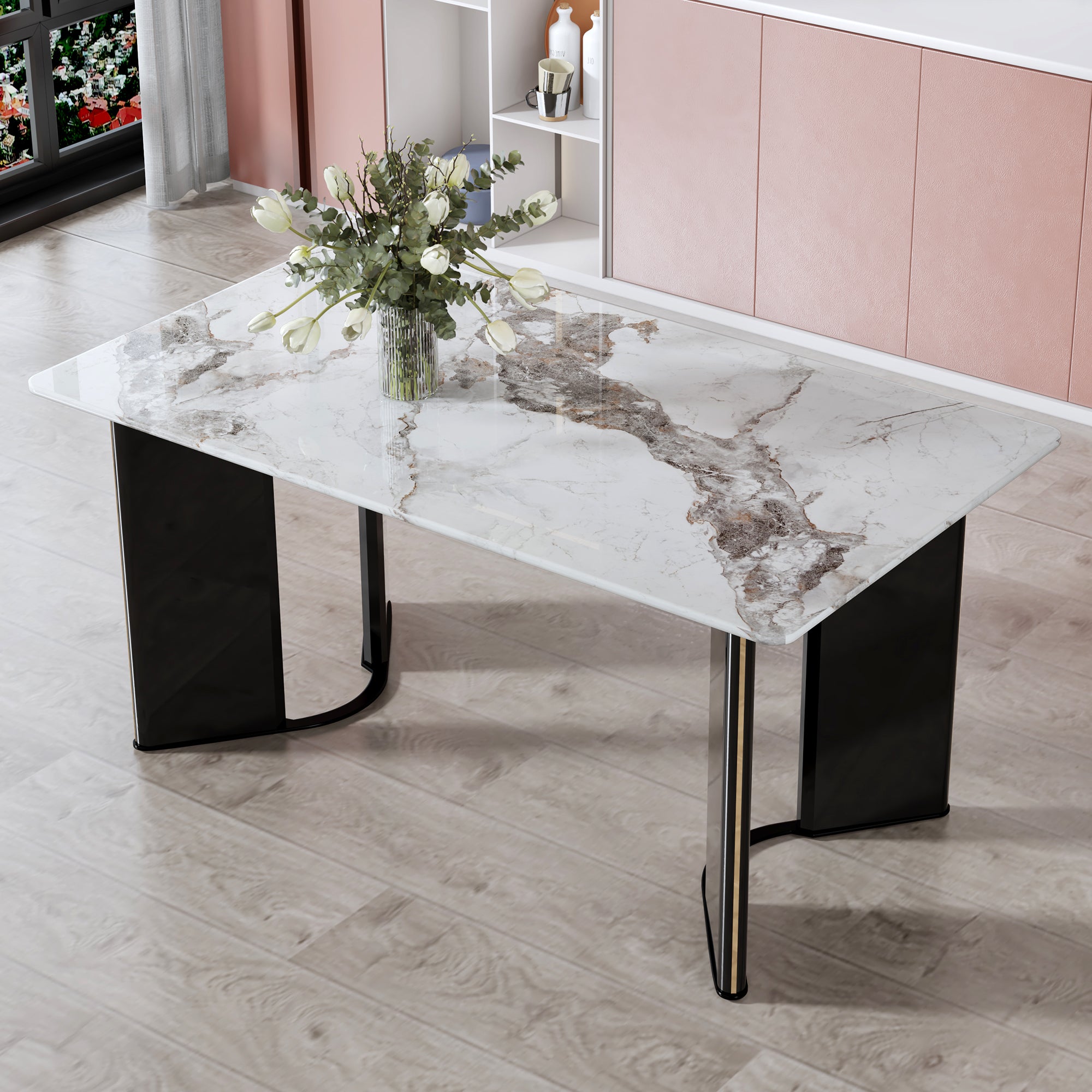 Modern minimalist rectangular dining table, white imitation marble tabletop, MDF table legs with gold metal decorative strips. Suitable for restaurant and living room   F-HH