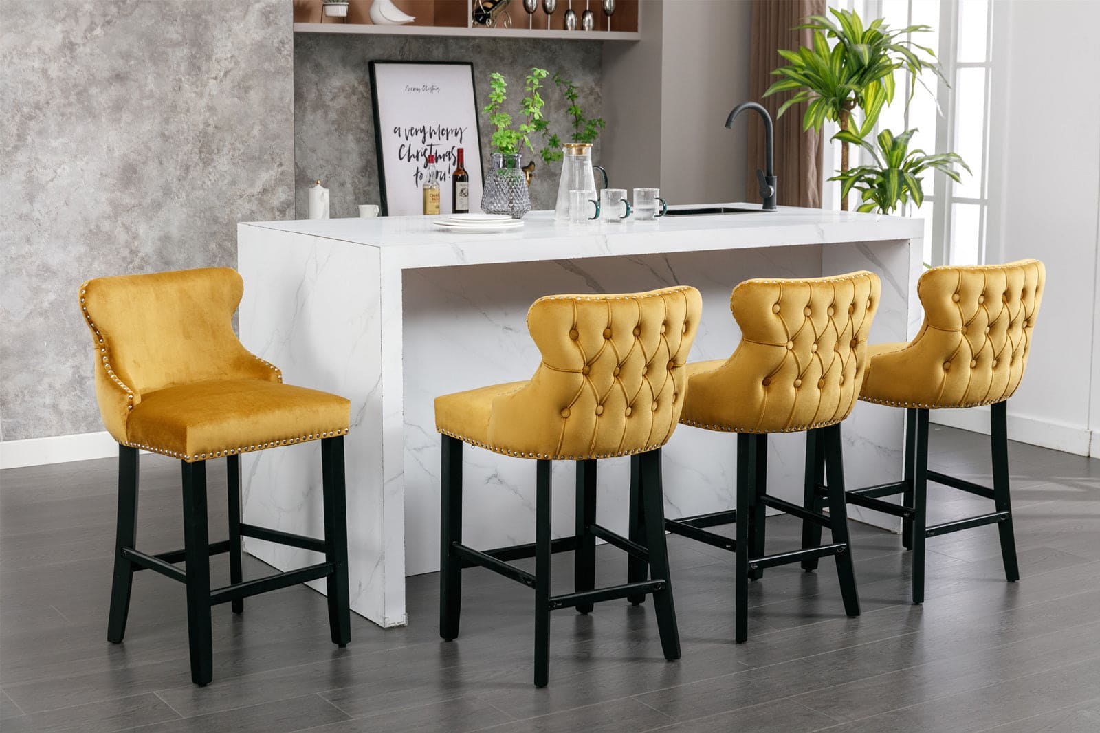 A&A Furniture,Contemporary Velvet Upholstered Wing-Back Barstools with Button Tufted Decoration and Wooden Legs, and Chrome Nailhead Trim, Leisure Style Bar Chairs,Bar stools,Set of 2 (Gold),SW1824GL