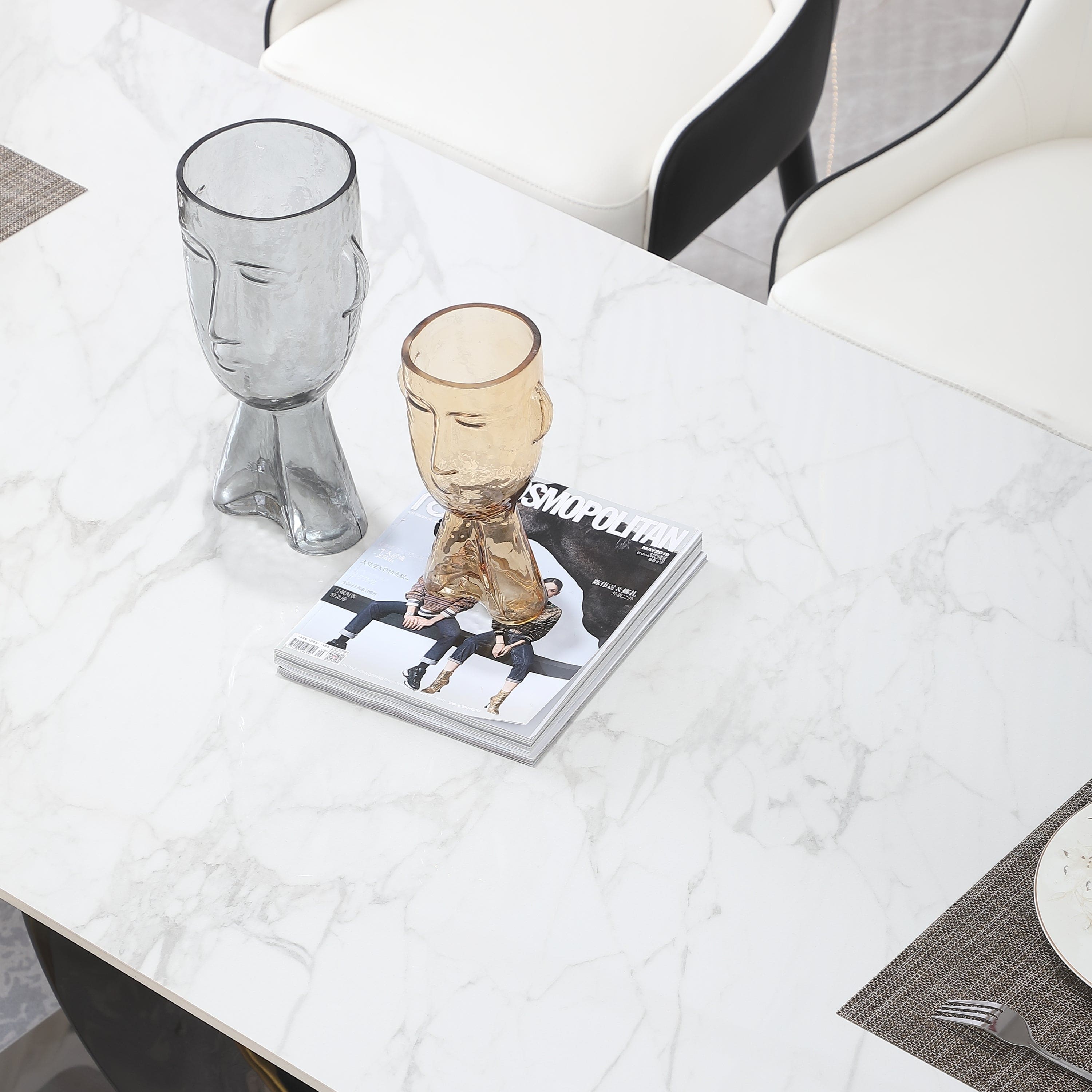 71-Inch Stone DiningTable with Carrara White color and Striped Pedestal Base