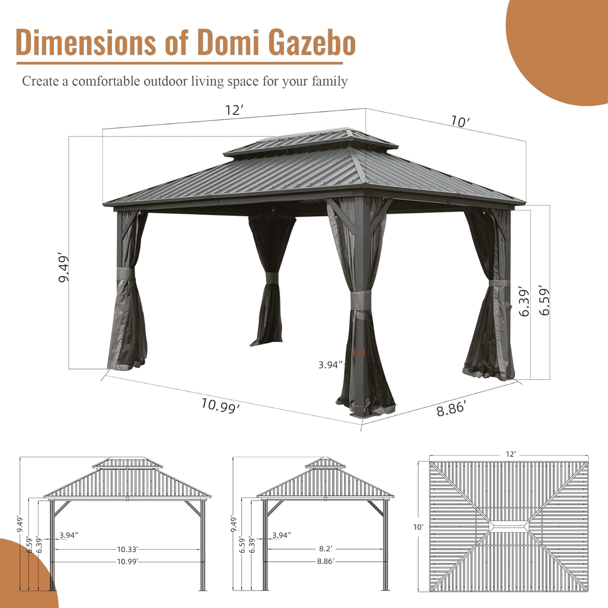 10' X 12' Hardtop Gazebo, Aluminum Metal Gazebo with Galvanized Steel Double Roof Canopy, Curtain and Netting, Permanent Gazebo Pavilion for Patio, Backyard, Deck, Lawn