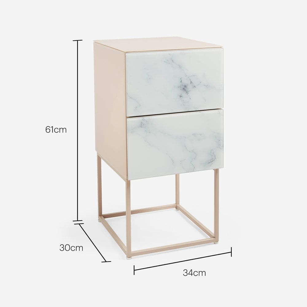 Tempered Glass Marble Stone Double Drawer Bedside Table for Bedroom, Living Room