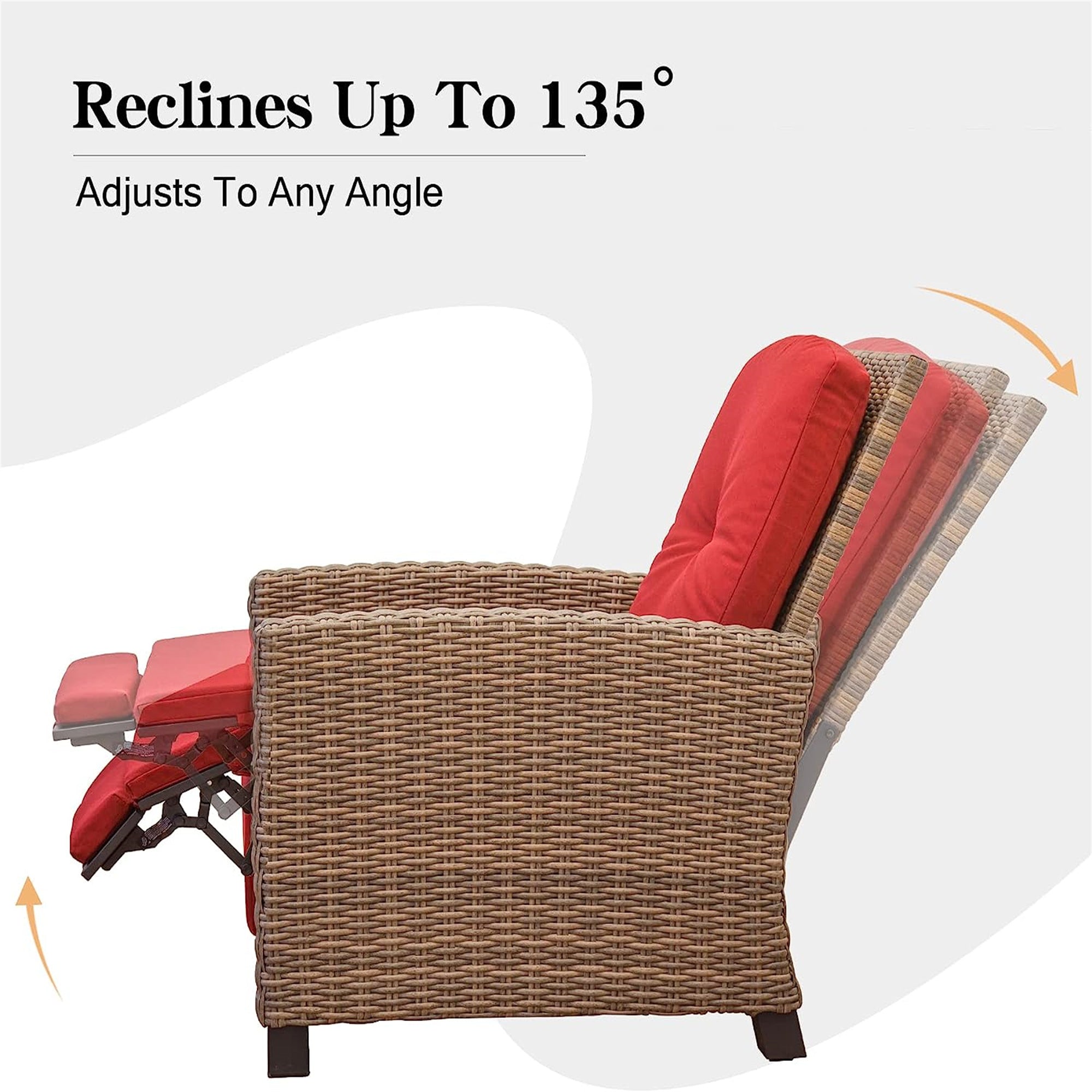 Indoor & Outdoor Recliner, All-Weather Wicker Reclining Patio Chair, Red Cushion (Red,1 Chair)