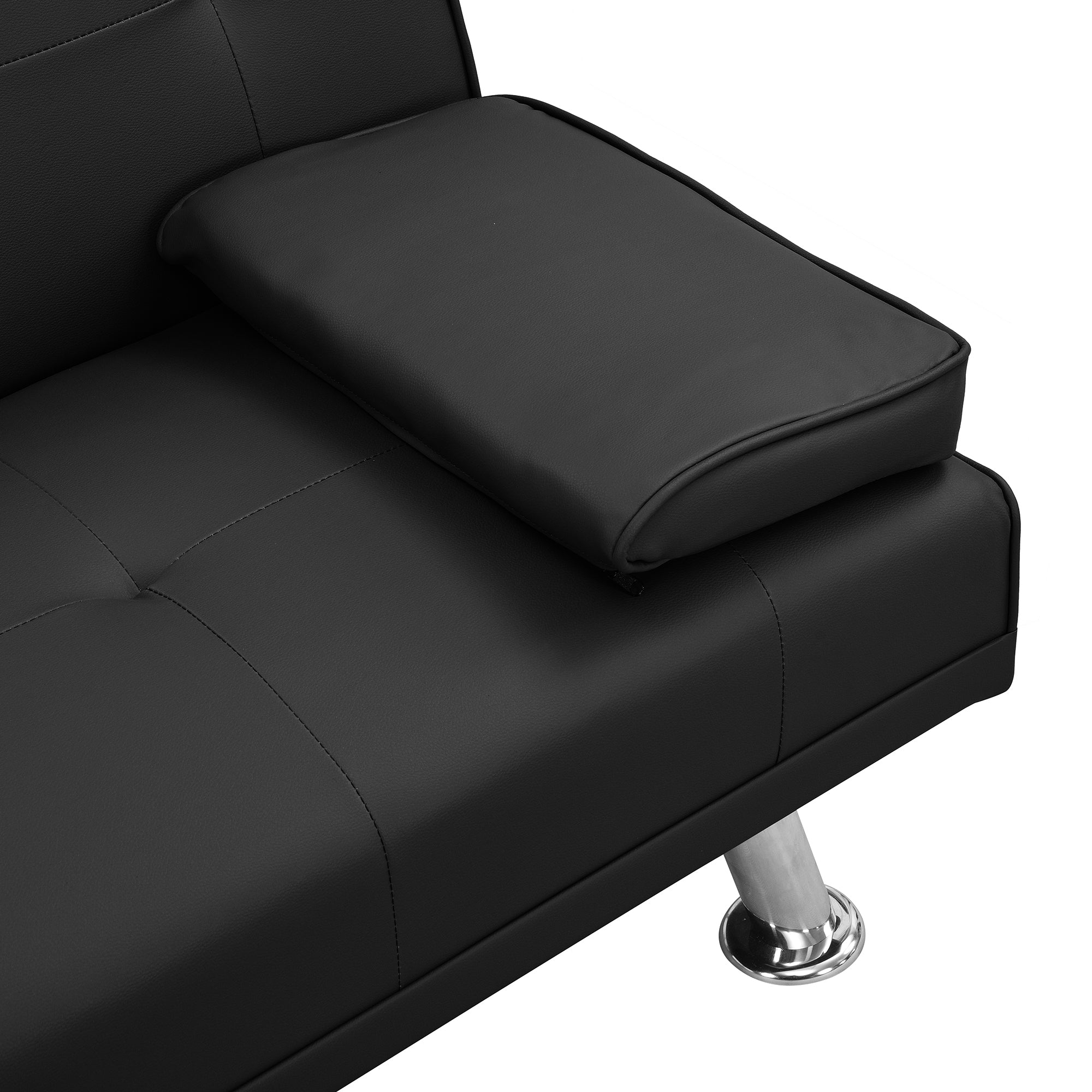 sofa bed with Armrest two holders  WOOD FRAME, STAINLESS LEG, FUTON BLACK  PVC