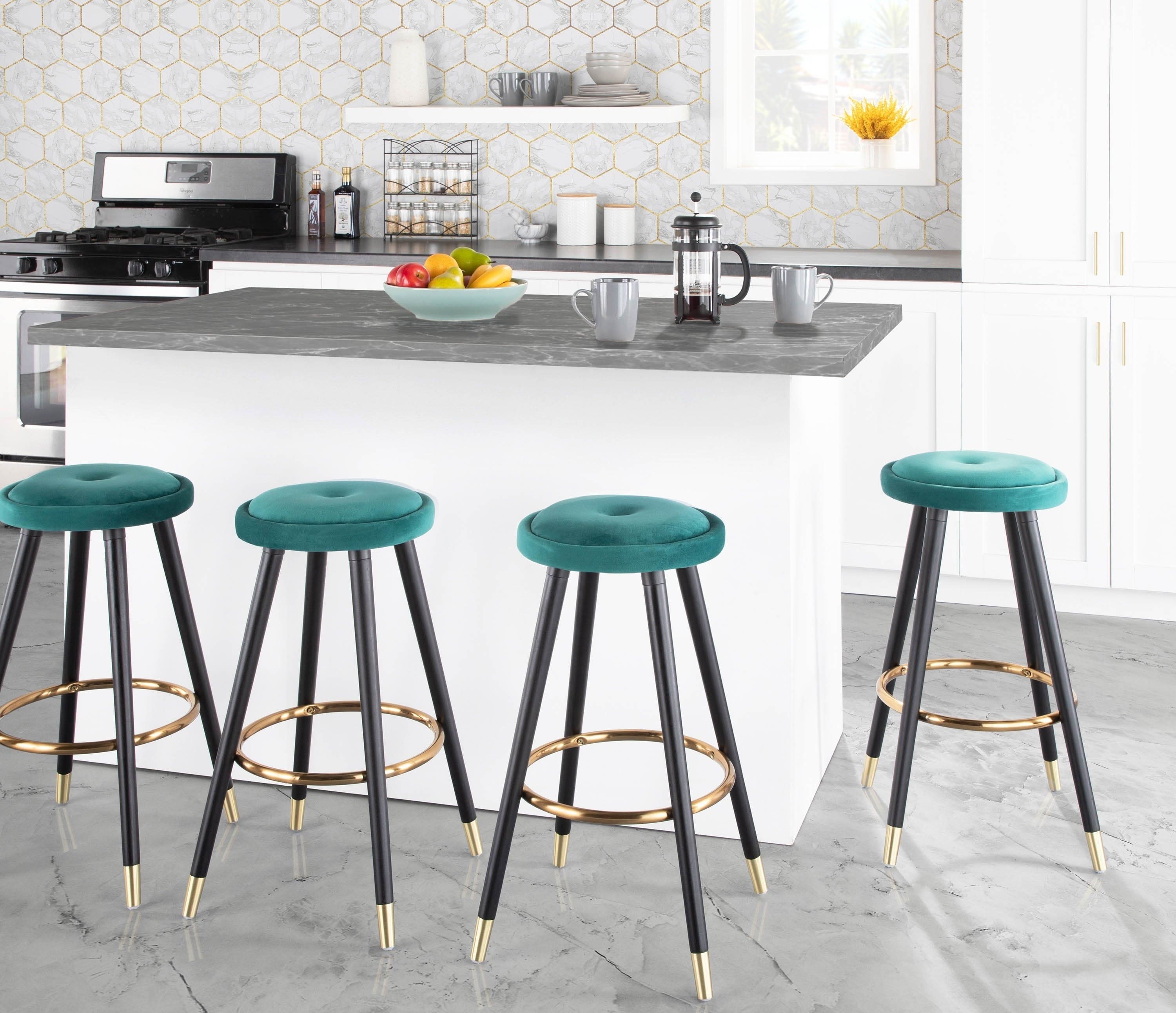 Cavalier Glam Counter Stool in Black Wood and Green Velvet with Gold Accent by LumiSource - Set of 2