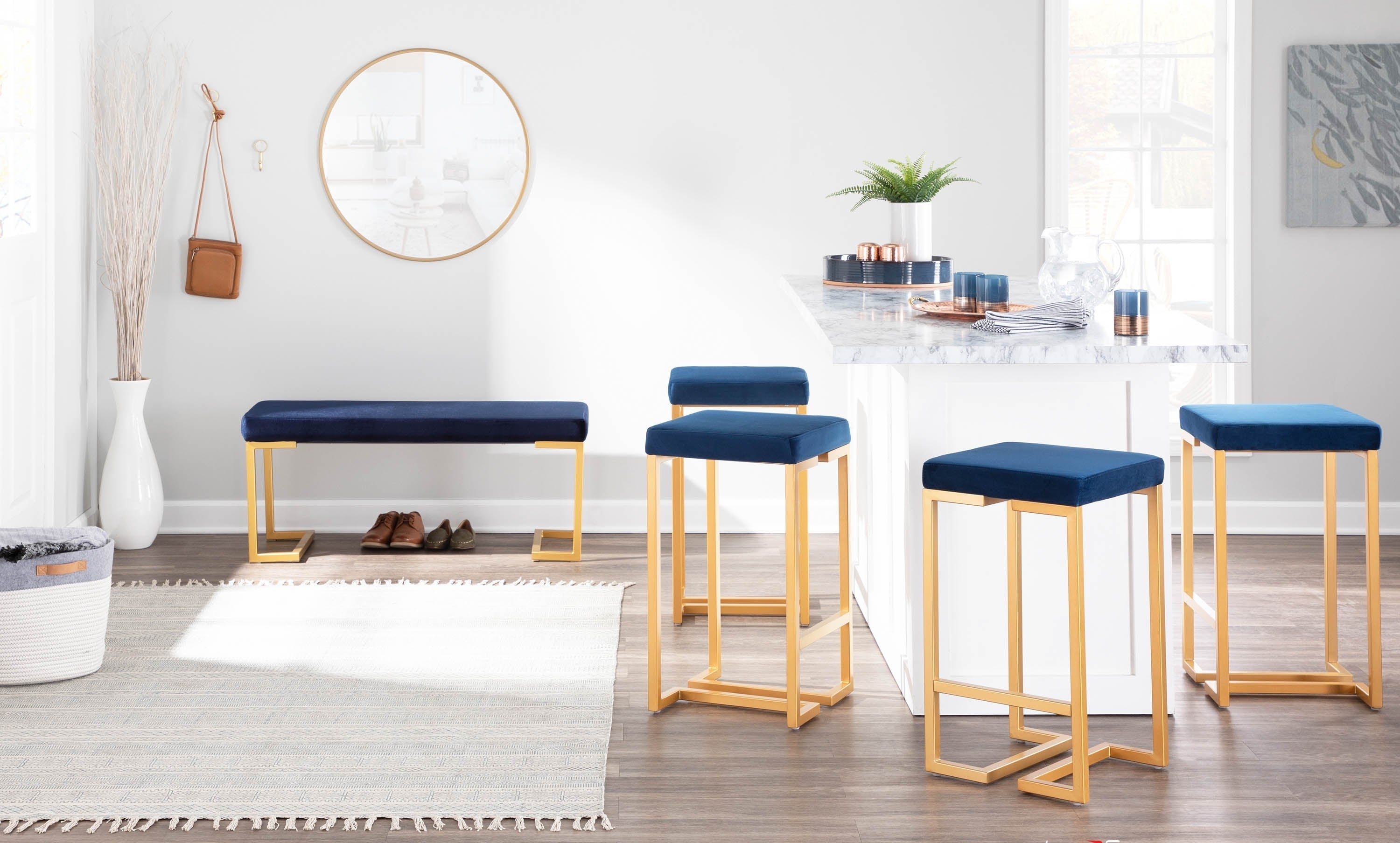 Midas 26" Contemporary-Glam Counter Stool in Gold with Blue Velvet Cushion by LumiSource - Set of 2