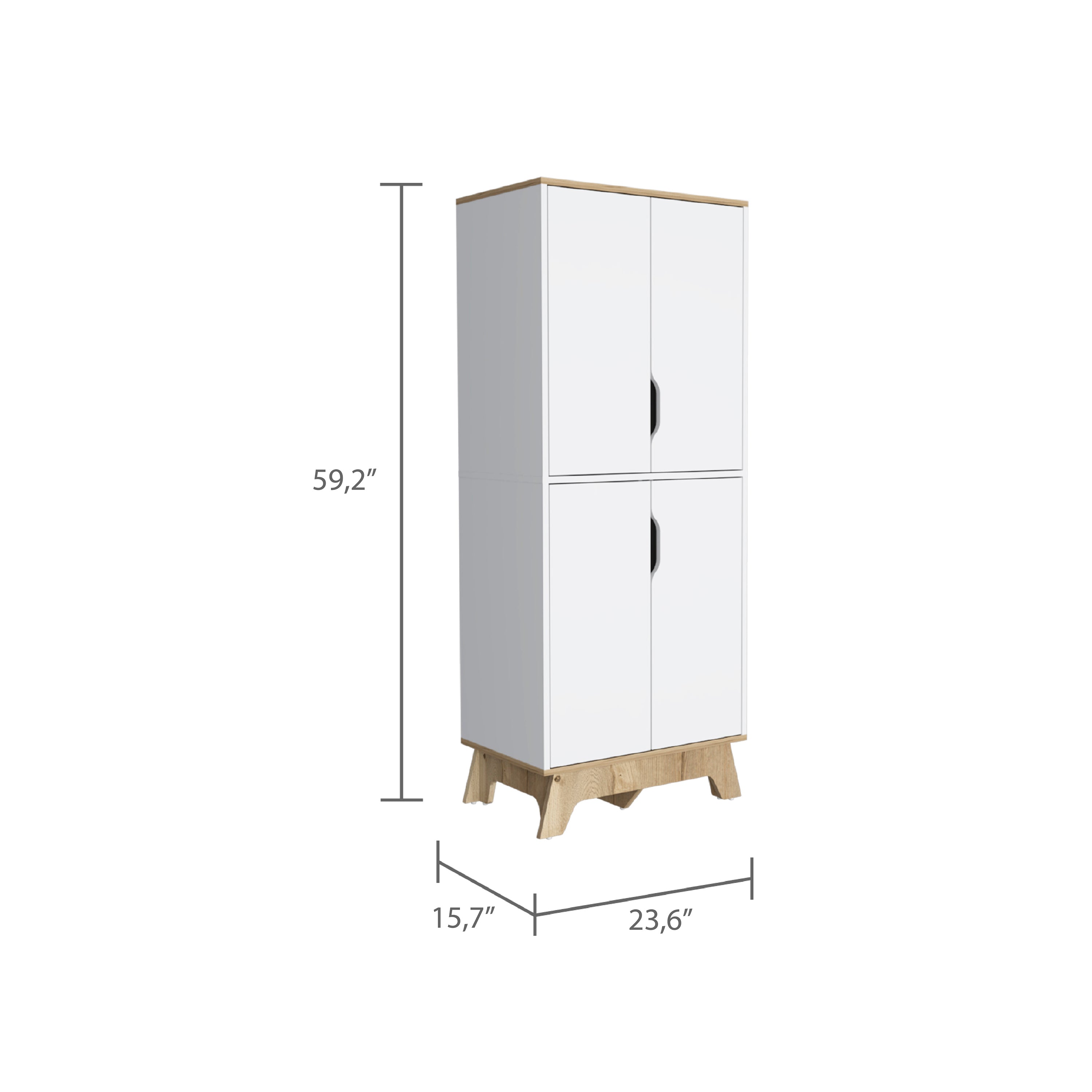 Double Kitchen Pantry Wallas, Double Door, Four Legs, Four Shelves, Light Oak / White Finish