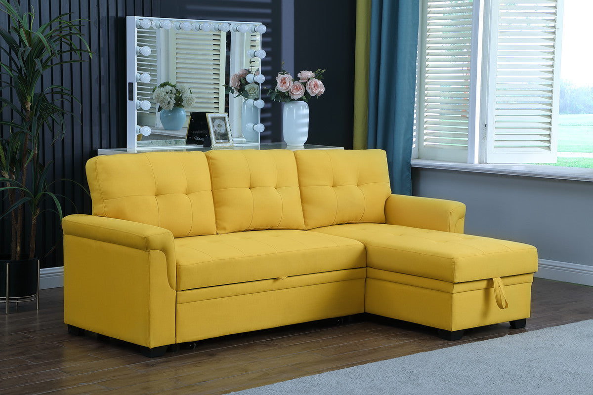 Lucca Yellow Linen Reversible Sleeper Sectional Sofa with Storage Chaise