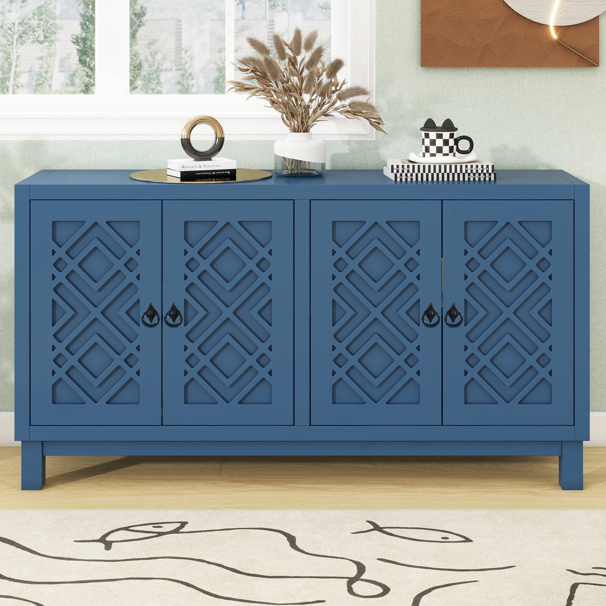 TREXM Large Storage Space Sideboard, 4 Door Buffet Cabinet with Pull Ring Handles for Living Room, Dining Room (Navy)