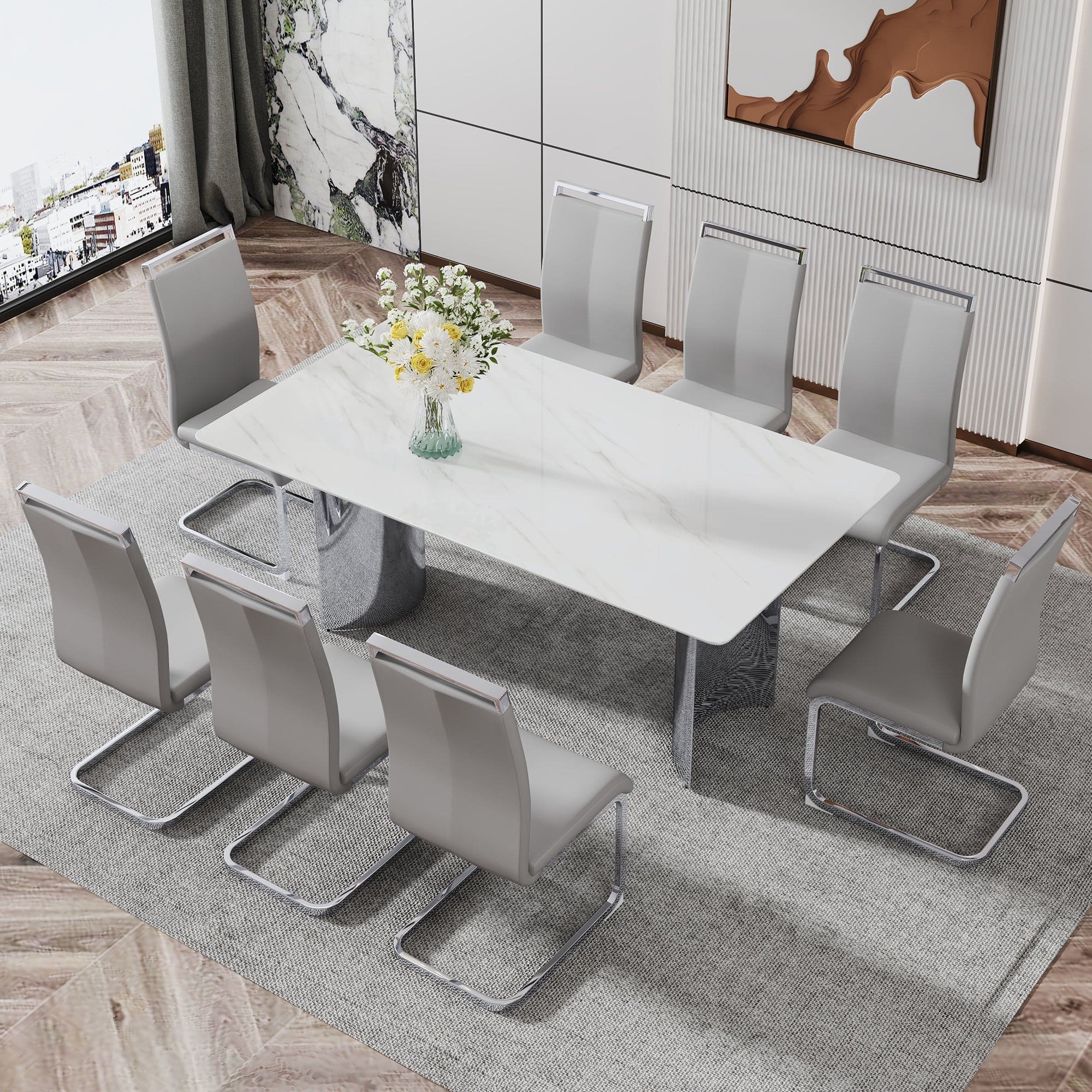 Modern minimalist dining table. The white imitation marble glass desktop is equipped with silver metal legs. Suitable for restaurants and living rooms  71" *39.3" *29.5"  DT-69