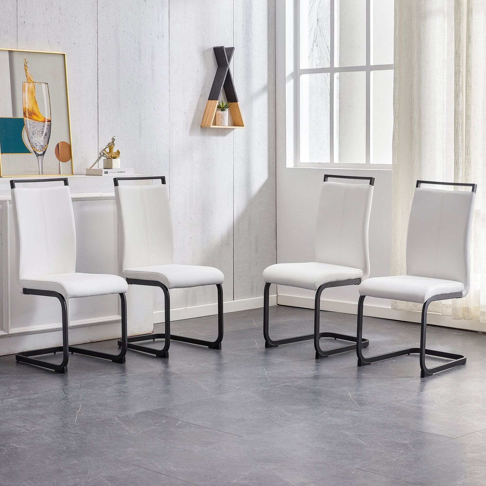 A table and six chairs. The table features a black imitation marble pattern tabletop and black gold MDF legs. The chair has a white PU backrest cushion and black metal legs. F-SQ  C-1162