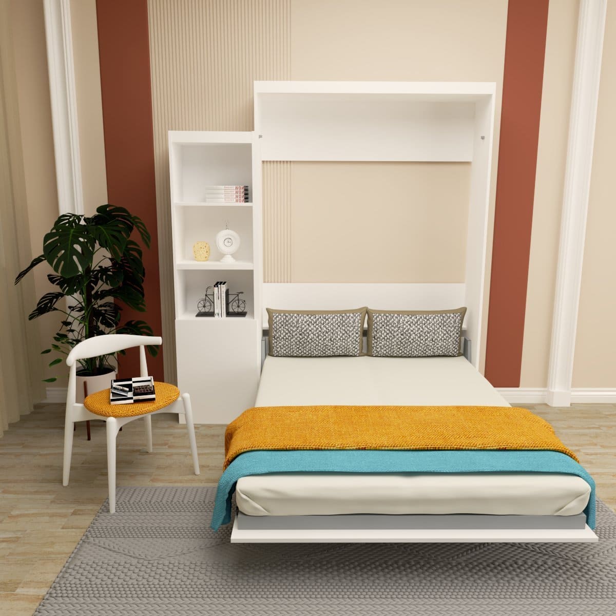 Queen  Size Morden Deisgn Full Size Vertical Murphy Bed with Shelf and Drawers for Bedroom or Guestroom White Wall Bed Space Saving Hidden Bed with New Style Gas Struts