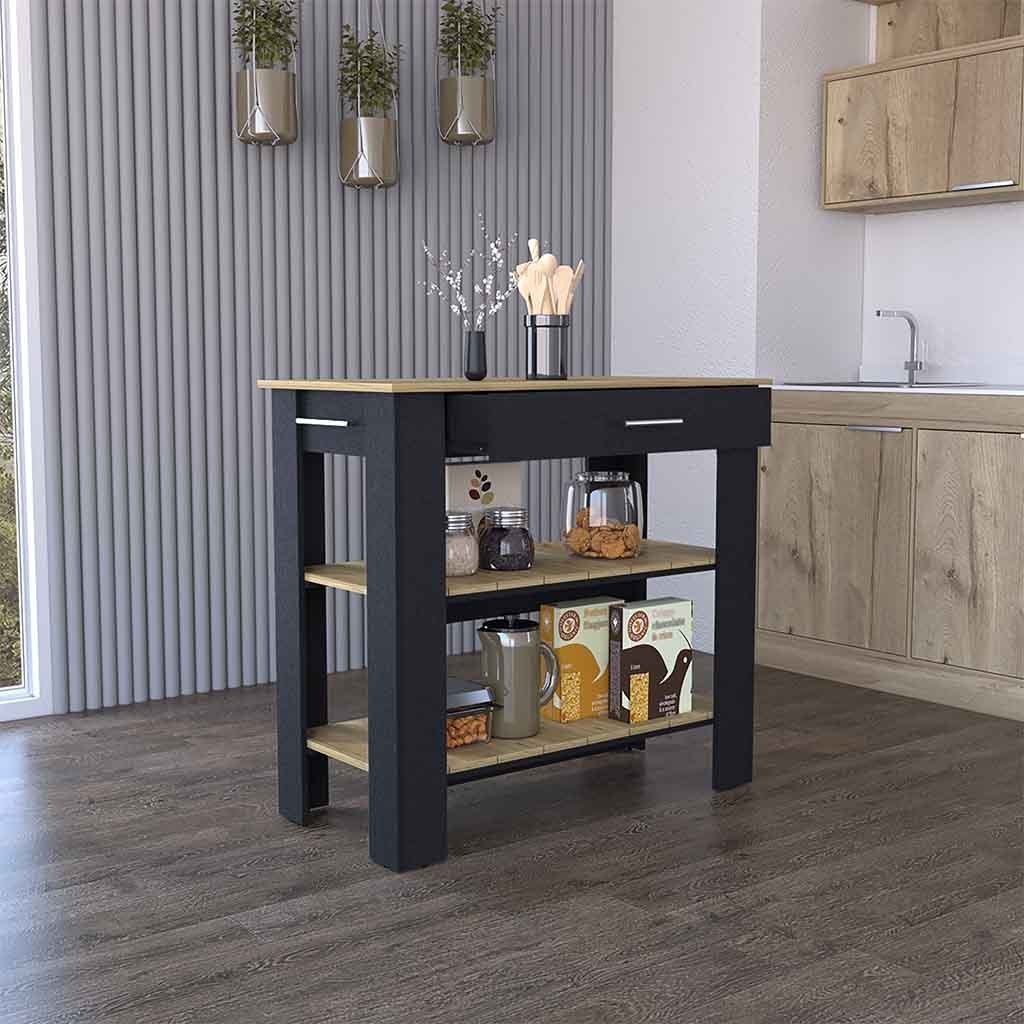 Kitchen Island 40 Inches Dozza, Two Shelves, Black Wengue / Light Oak Finish