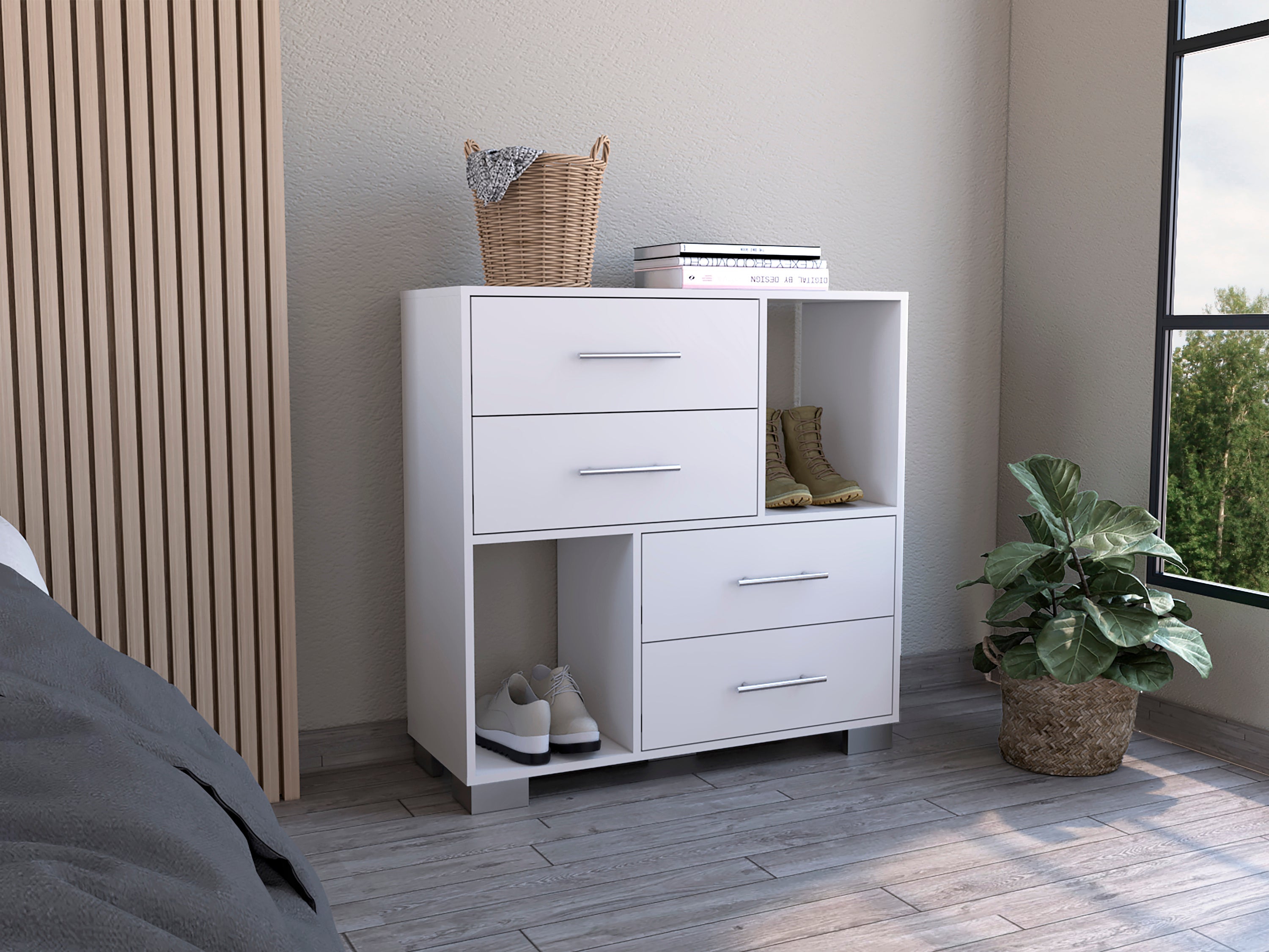 Dresser Hetzs, Four Drawers, Two Open Shelves, White Finish