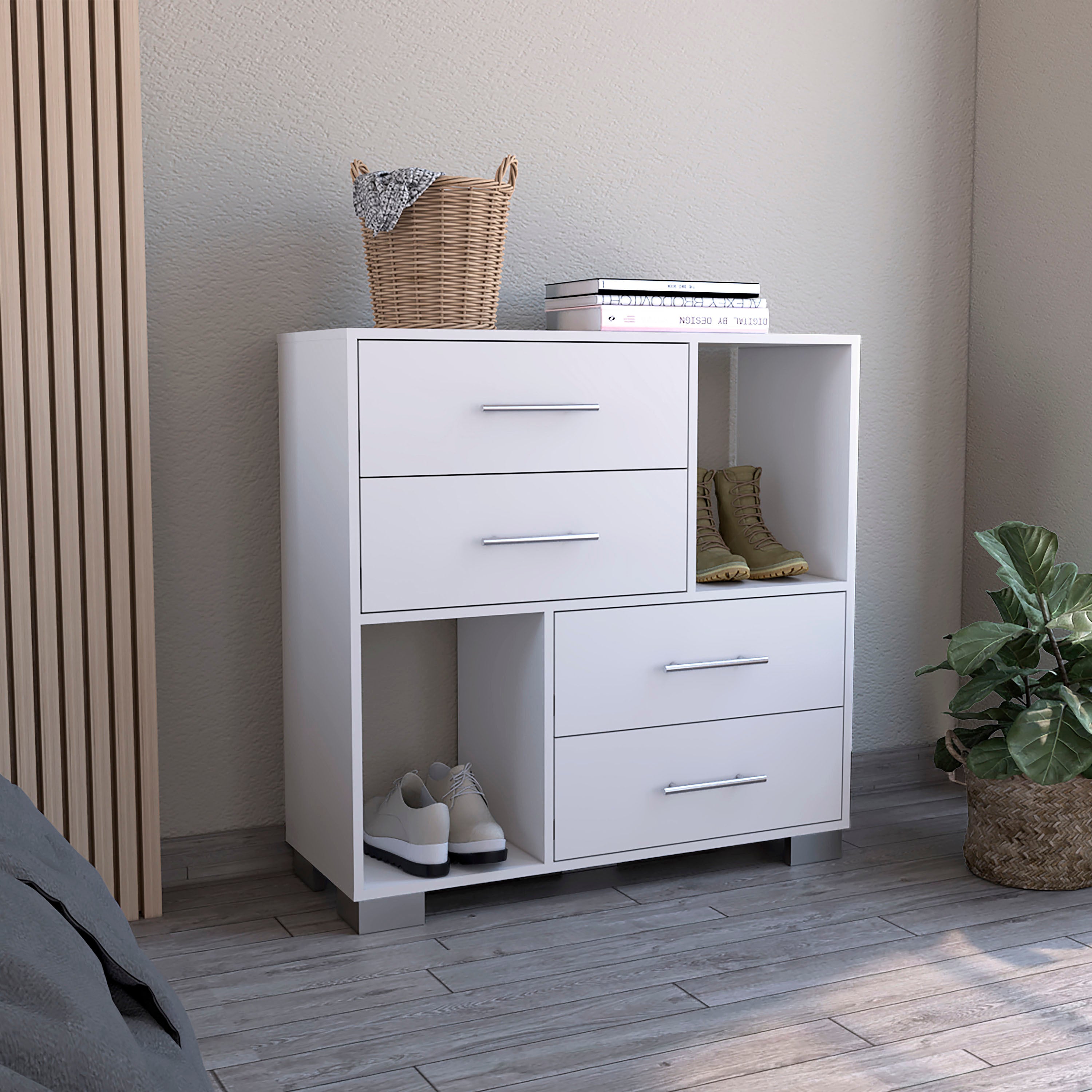 Dresser Hetzs, Four Drawers, Two Open Shelves, White Finish