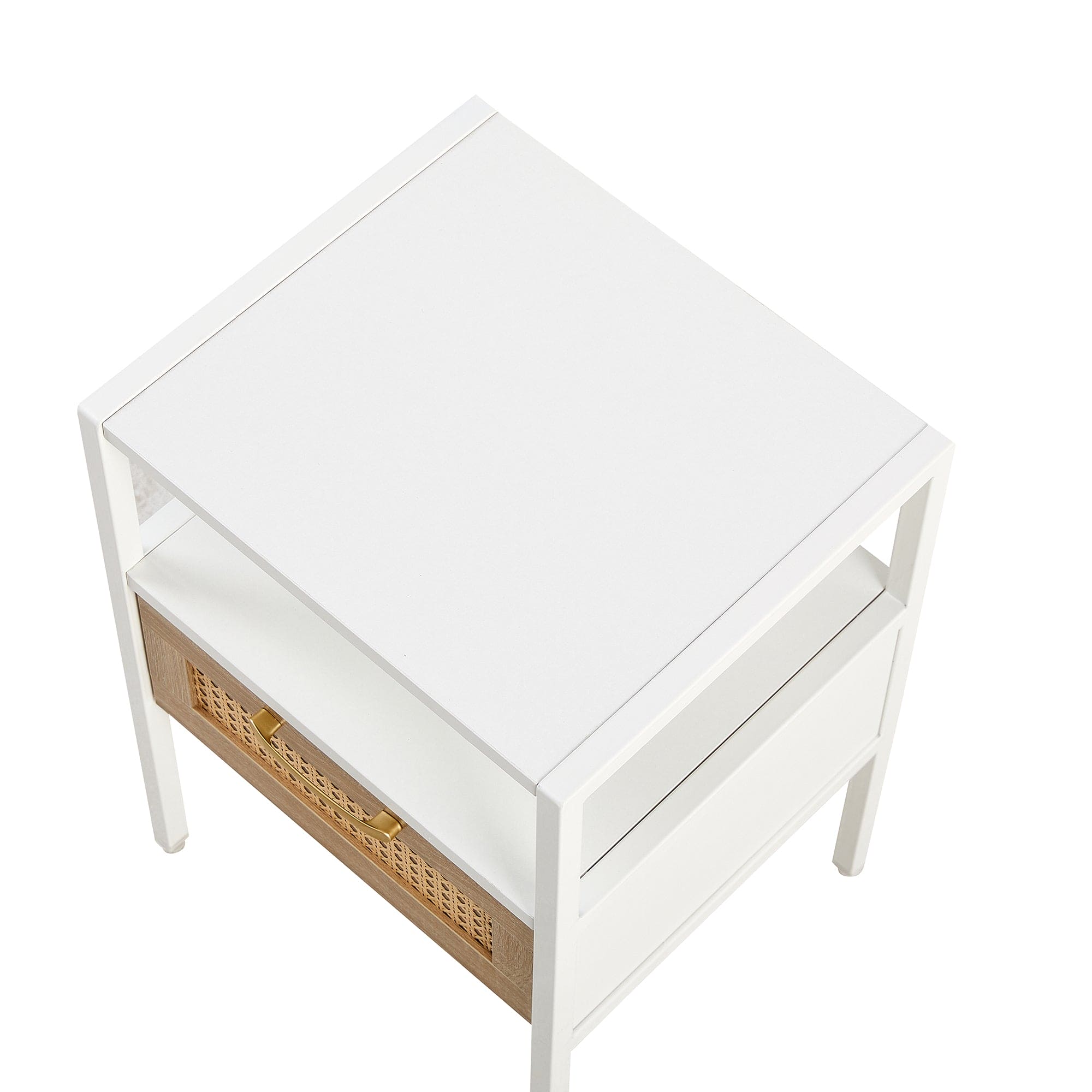 Set of 2, 15.75" Rattan End table with  drawer, Modern nightstand, metal legs,side table for living room, bedroom,white