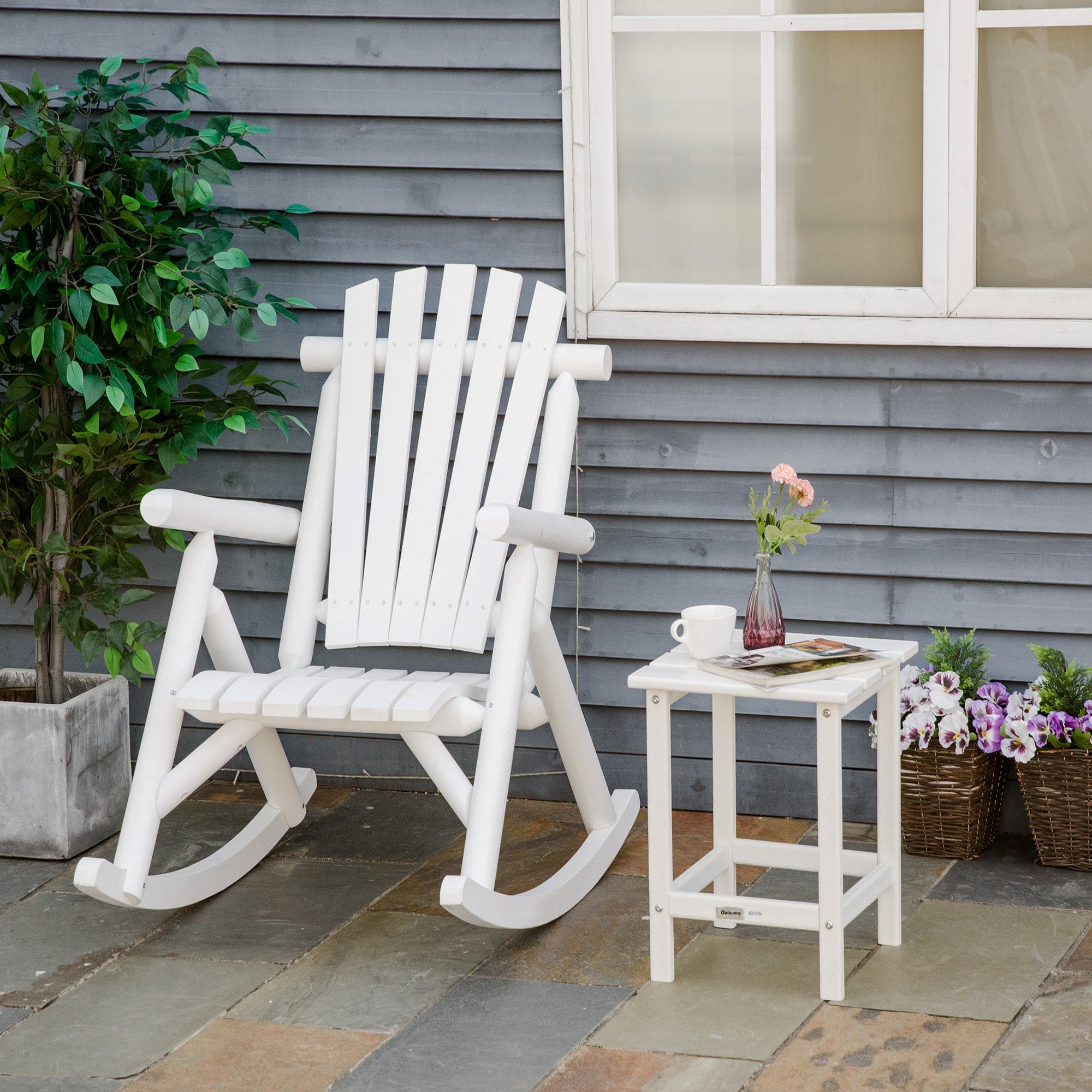 Outsunny Outdoor Wooden Rocking Chair, Rustic Adirondack Rocker with Slatted Seat, High Backrest, Armrests for Patio, Garden, and Porch, Large, White