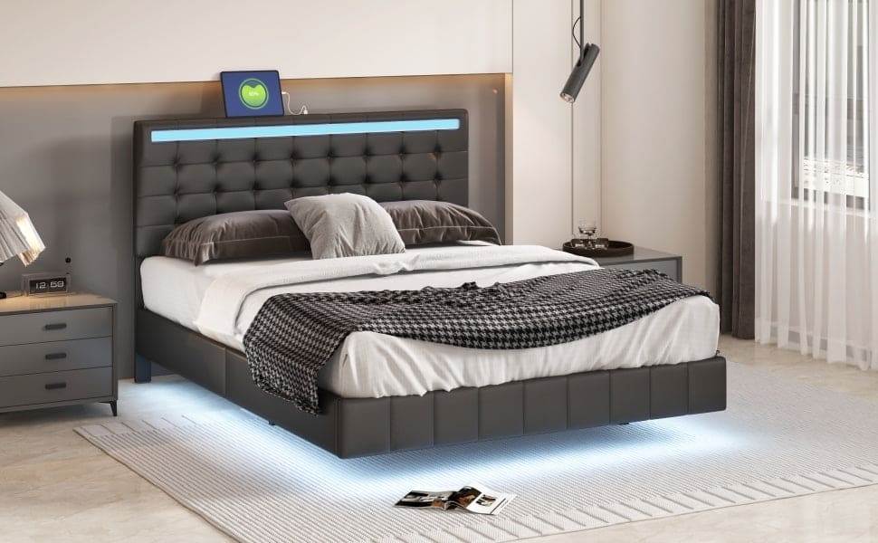 Queen Size Floating Bed Frame with LED Lights and USB Charging,Modern Upholstered Platform LED Bed Frame,Black