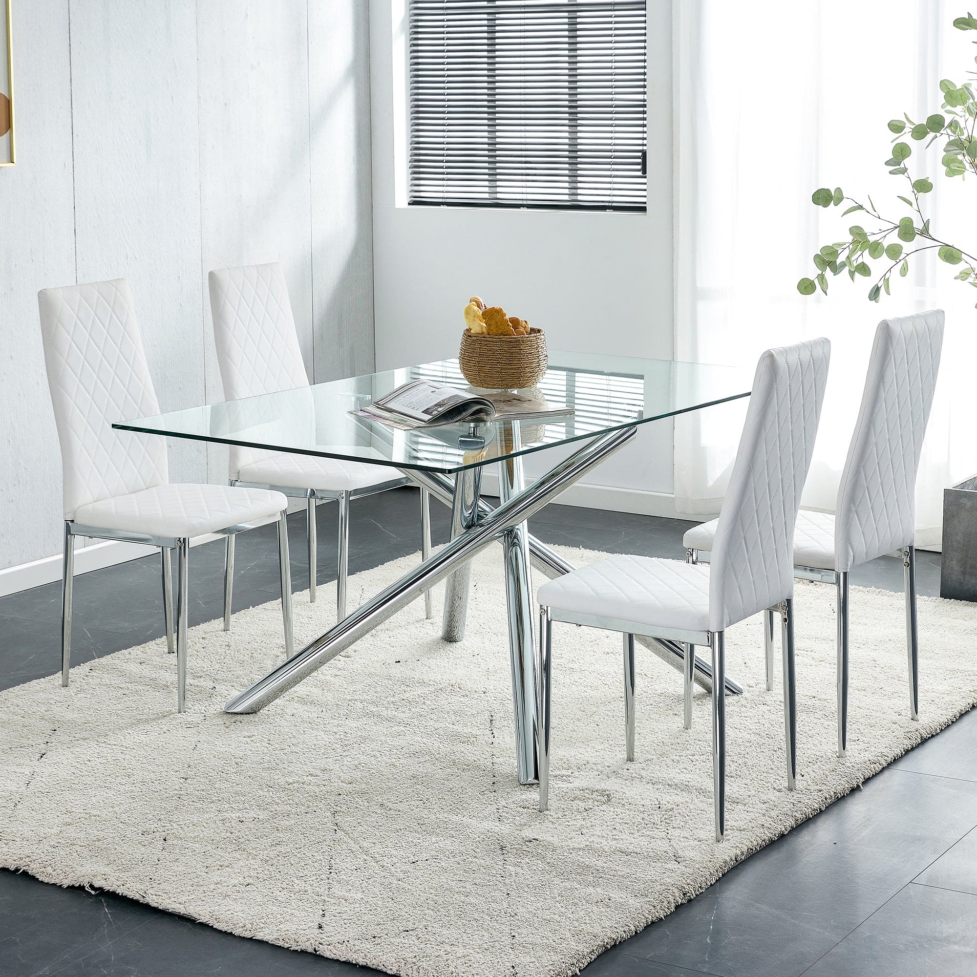 Grid armless high backrest dining chair, 4-piece set of silver metal legs white chair, office chair. Suitable for restaurants, living rooms, kitchens, and offices.W115162607  0924