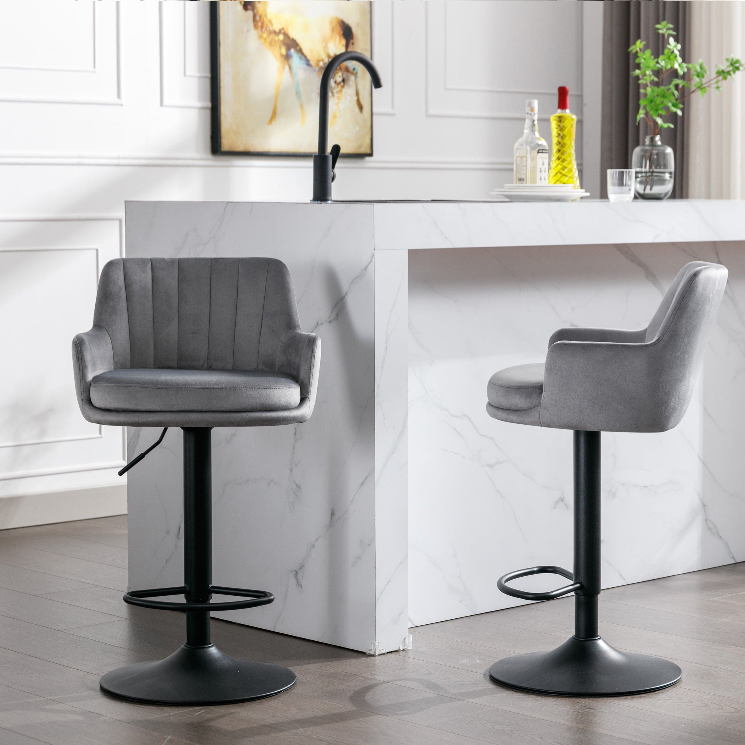 Bar Stools Set of 2 - Adjustable Barstools with Back and Footrest, Counter Height Bar Chairs for Kitchen, Pub -Gray