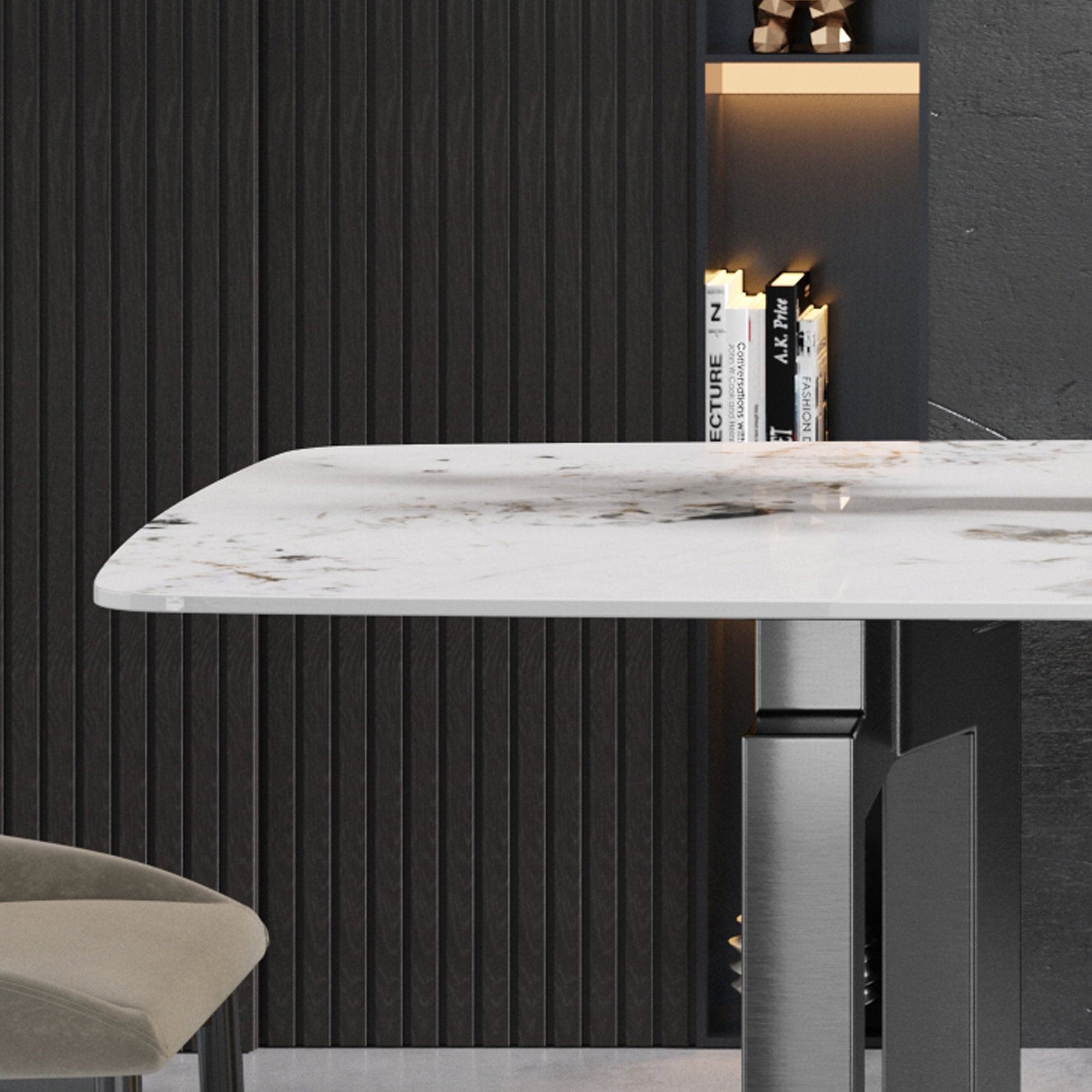 63"Modern artificial stone pandora white curved black metal leg dining table -6 people