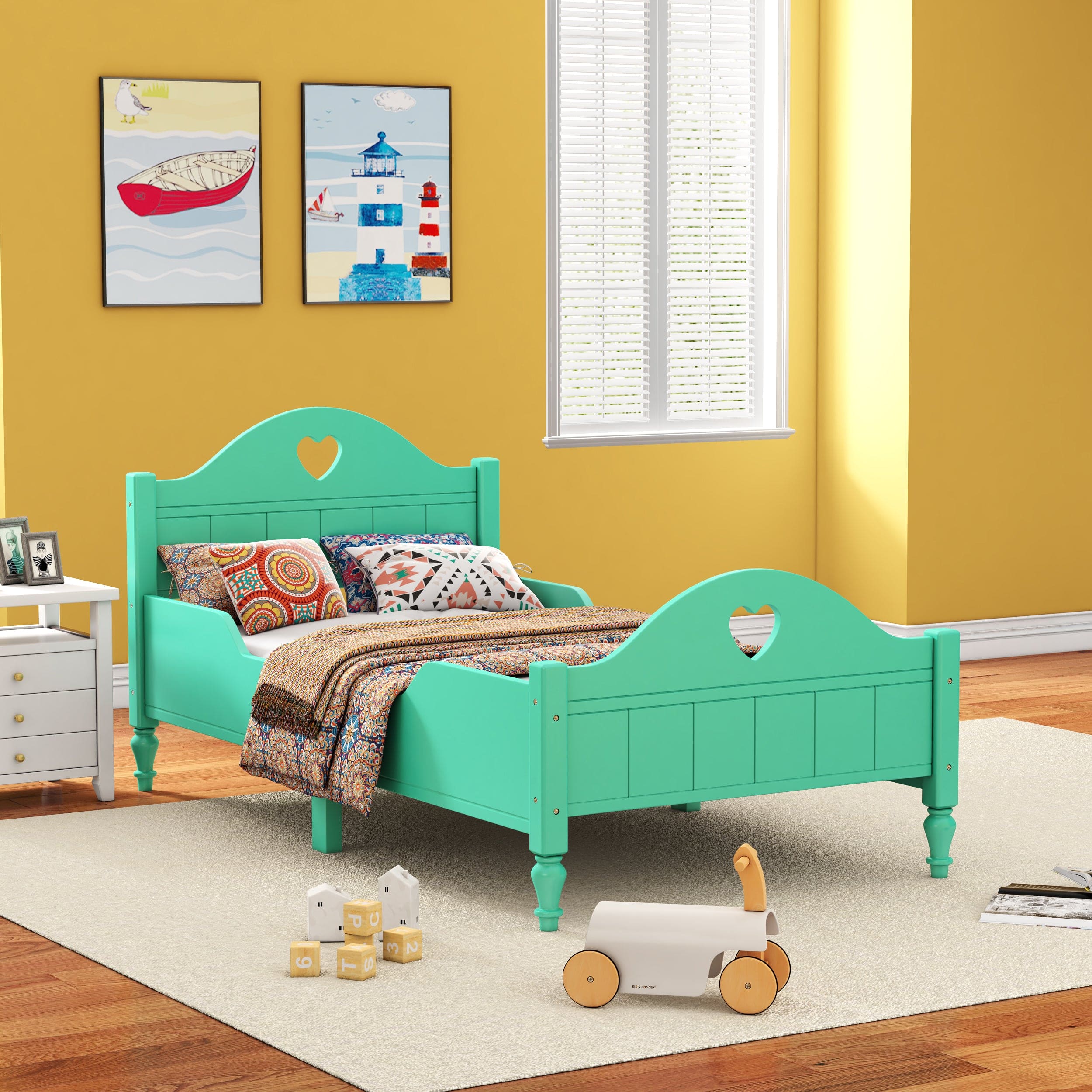 Macaron Twin Size Toddler Bed with Side Safety Rails and Headboard and Footboard,Seasoft Green