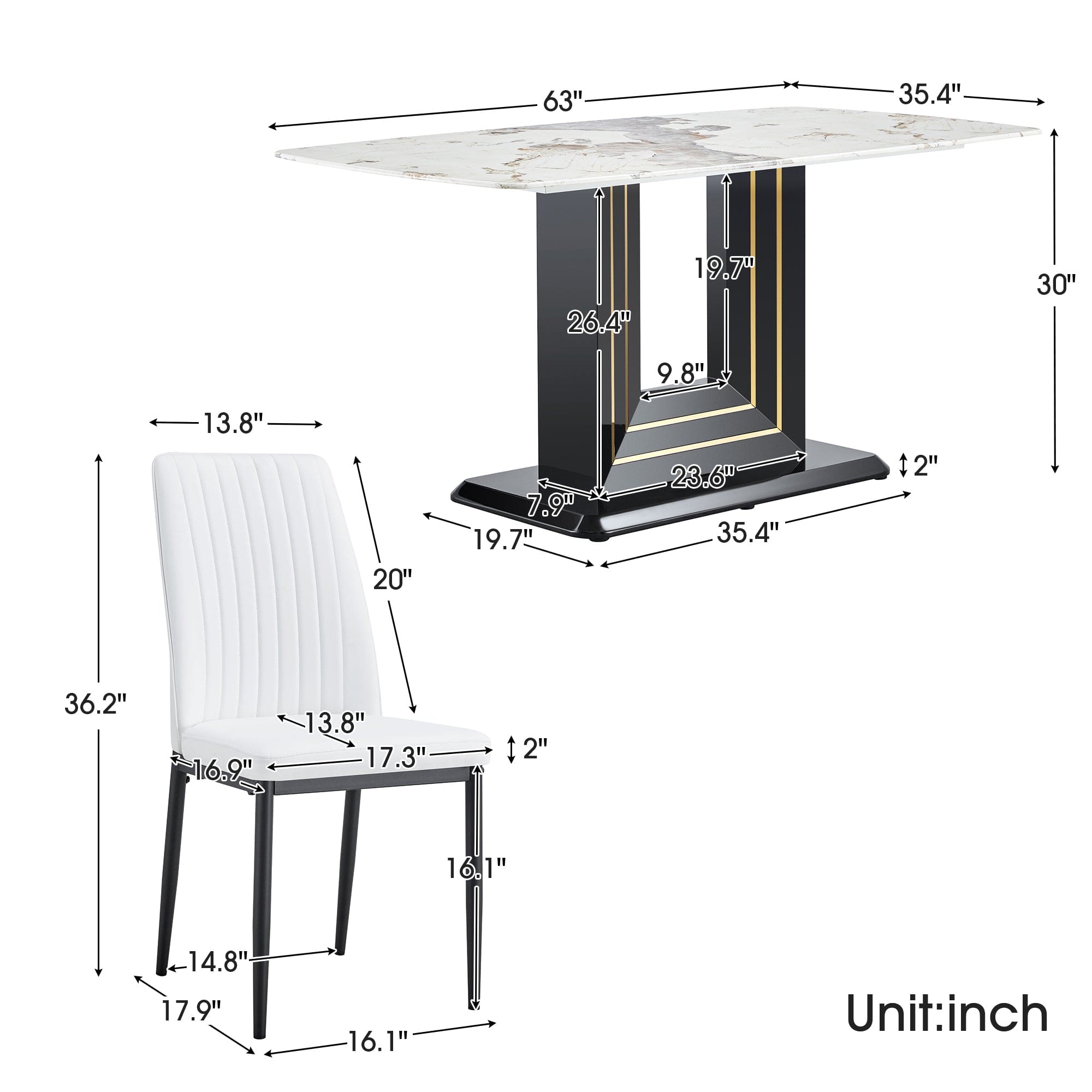 Faux Marble Dining Table Set, Glass Rectangular Kitchen Table for 6-8, Modern White Faux Marble Dining Room Table with MDF Base, Dining Table & 6 Chairs