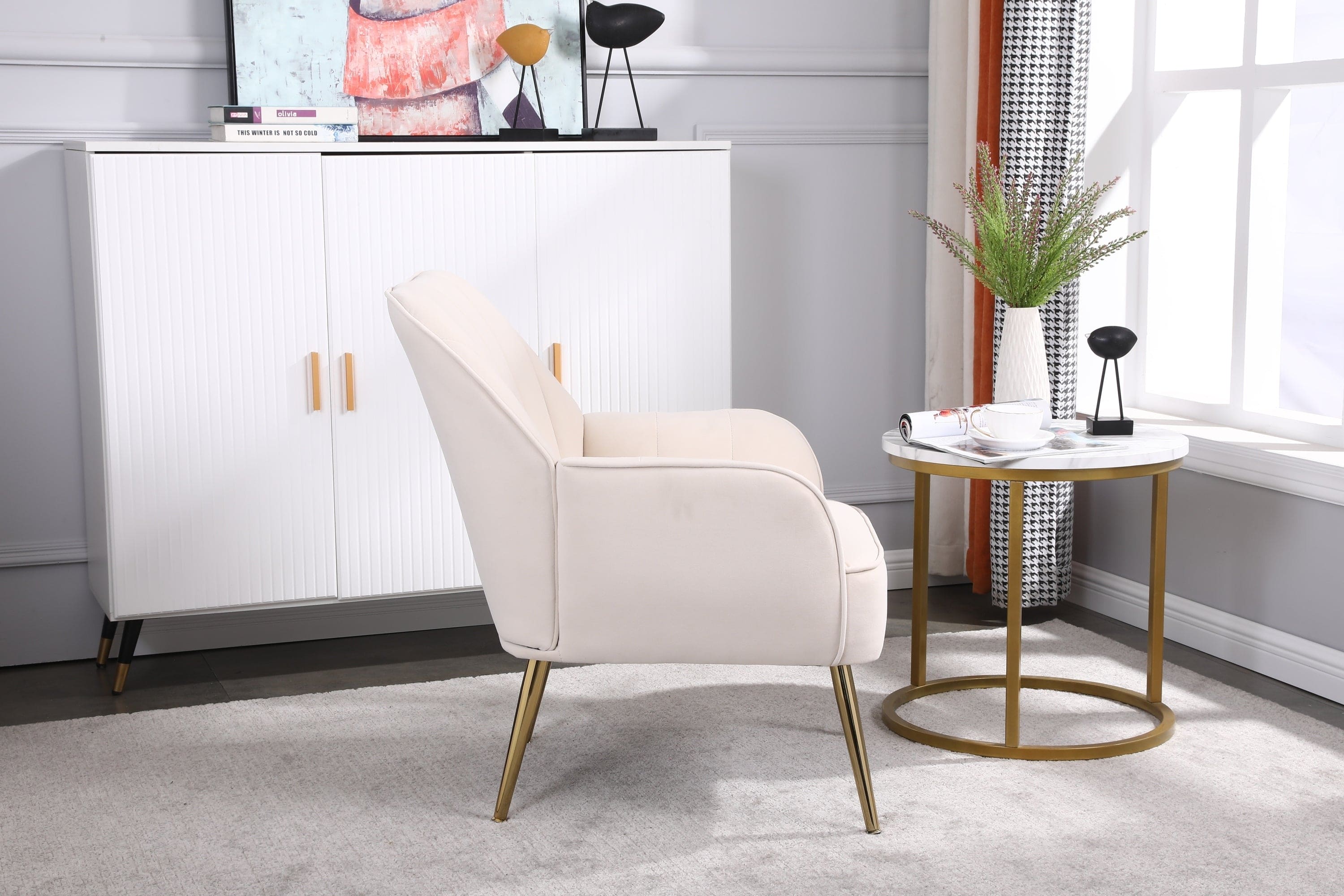 Modern Mid Century Chair velvet  Sherpa Armchair for Living Room Bedroom Office Easy Assemble(BEIGE)