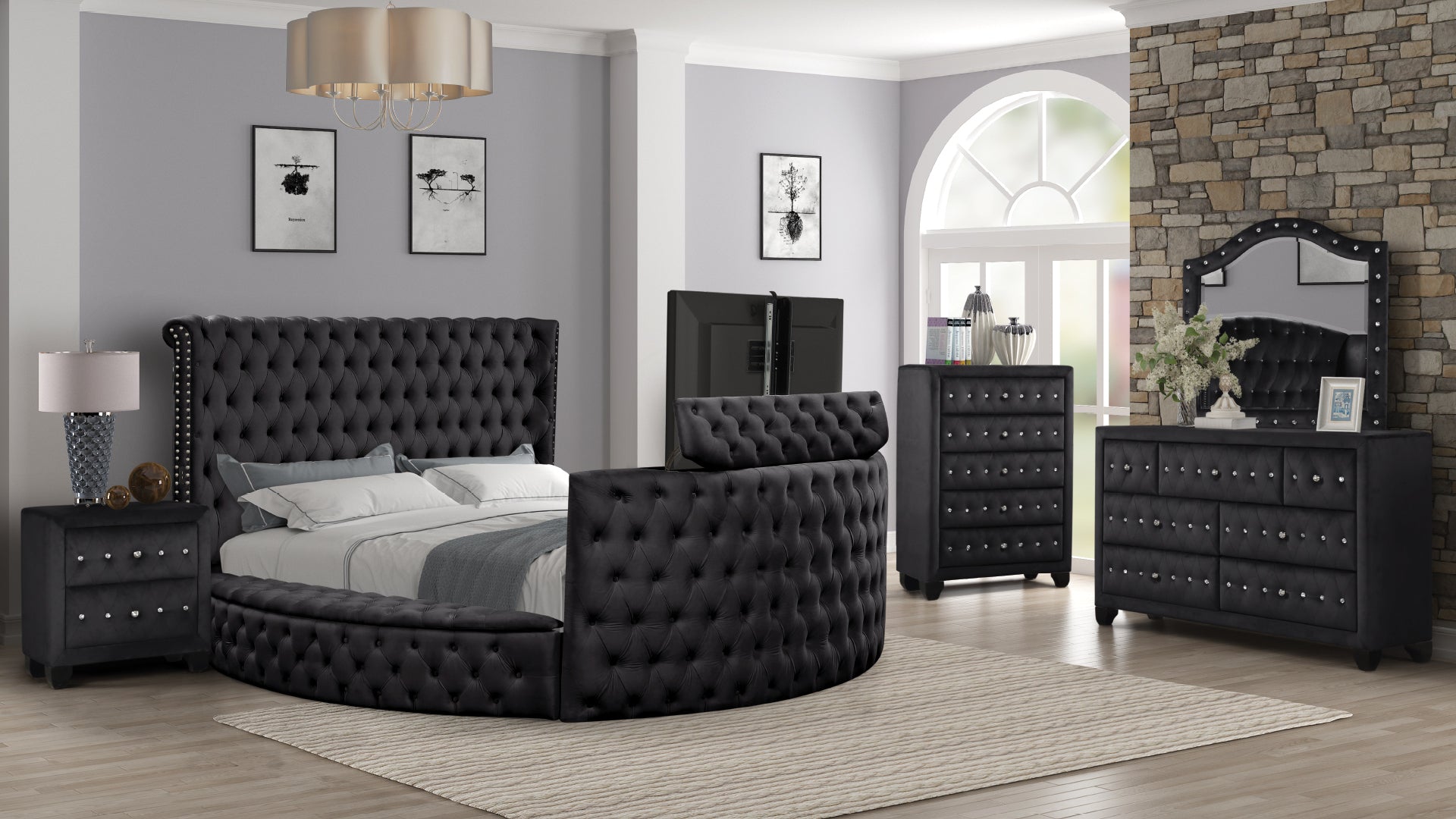 Maya Modern Style Crystal Tufted Queen Bed  Made with wood in Black