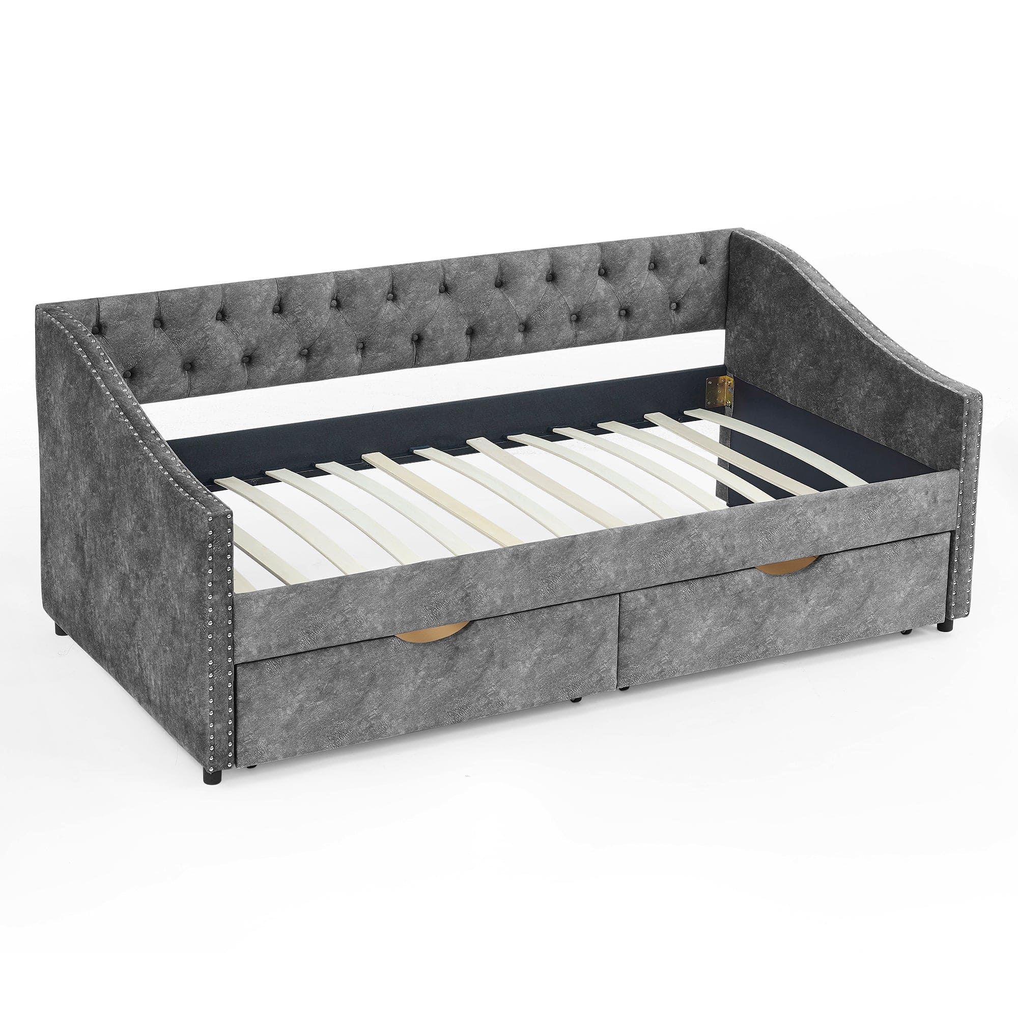 Twin Size Daybed with Drawers Upholstered Tufted Sofa Bed, with Button on Back and Copper Nail on Waved Shape Arms, Grey  (81.5''x4''x30.5'')