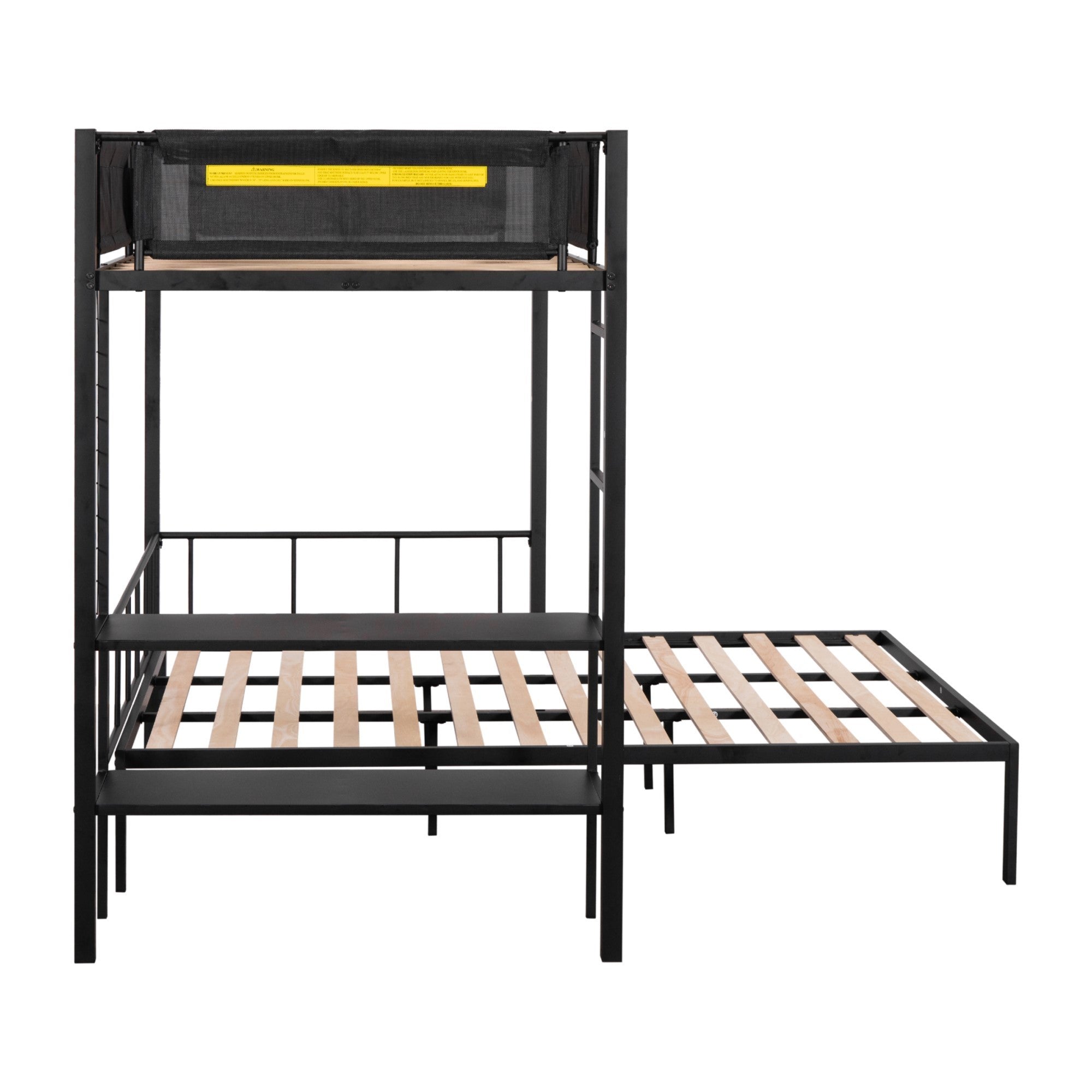 Metal Twin over Full Bunk with Shelves & Grid Panel/ Sturdy Metal Bed Frame/ Noise-free Wood Slats/ Comfortable Textilene Guardrail/ Built-in 2-tier Shelves & Grid Panel/ Separated Full size Bed