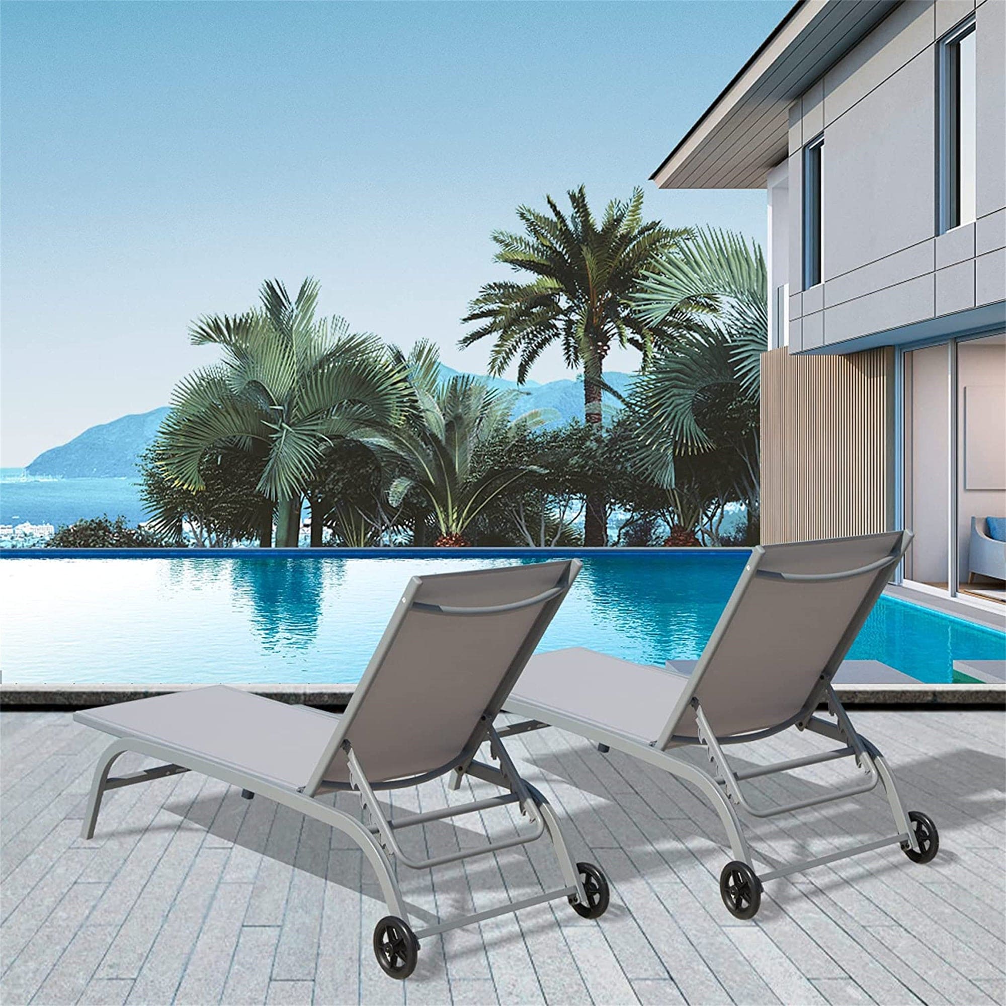 Chaise Lounge Outdoor Set of 2, Lounge Chairs for Outside with Wheels, Outdoor Lounge Chairs with 5 Adjustable Position, Pool Lounge Chairs for Patio, Beach, Yard, Deck, Poolside(Grey,2 Lounge Chairs)