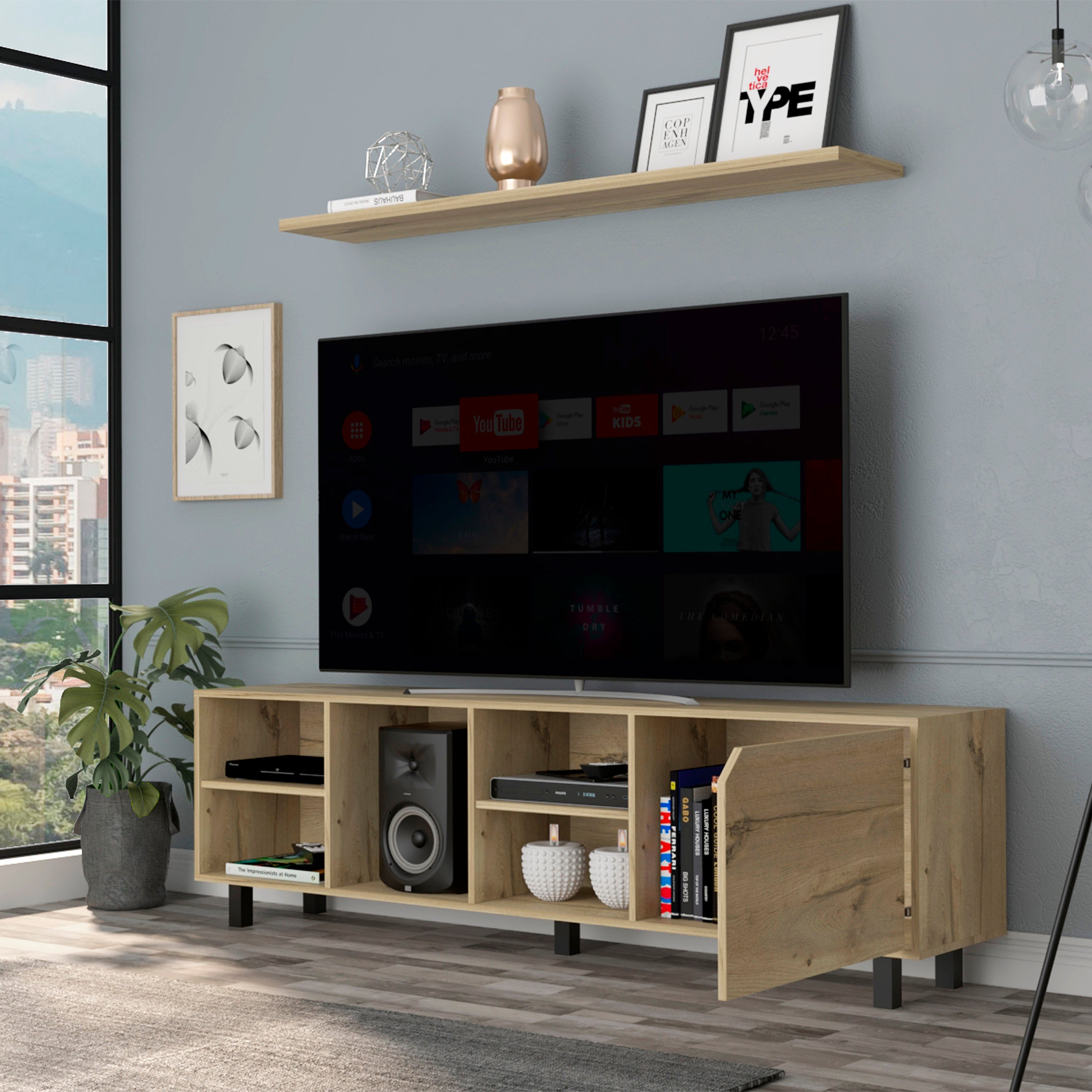 Valdivia Tv Stand for TV´s up 70", Four Open Shelves, Five Legs -Light Oak